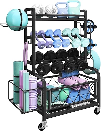 Yaheetech Soporte para mancuernas para esterilla de yoga, gimnasio en casa, equipo de entrenamiento, soporte con ganchos y ruedas para mancuernas,