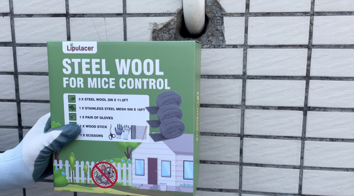 Image of Steel Wool Mice Control, 3 Pack 3''x11.5Ft Steel Wool & 1 Pack 5''x15Ft Stainless Steel Wire Mesh with Gloves, Scissors & Wood Stick, Mouse Hole Filler DIY Kit for House & Garage, Wall Gaps