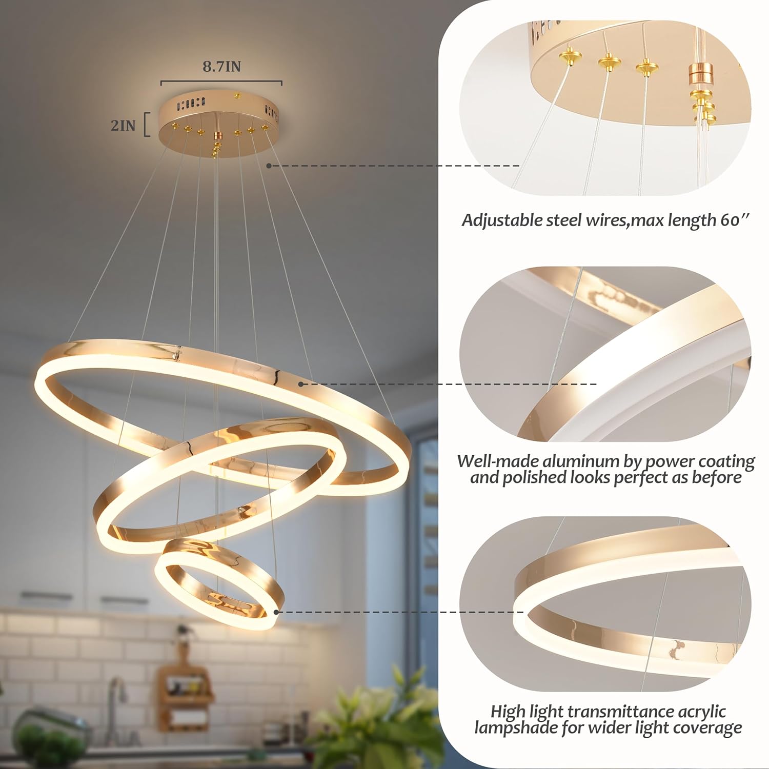 Gold Led Chandelier 3 Rings Dimmable Light Fixture for Kitchen Over Table Height Adjustable Modern Pendant Light for Dining Room Living Room Bedroom Foyer