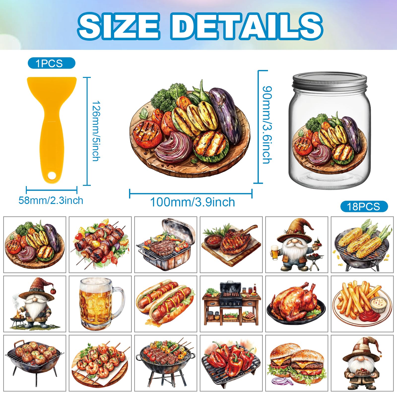 GLOBLELAND 18 Sheets Barbecue Foods Rub on Transfers for Crafts Cooking Gnome Waterproof UV DTF Cup Wraps Beer Hamburger Decals Stickers for Water Glass Bottle Vase Porcelain - Image 2