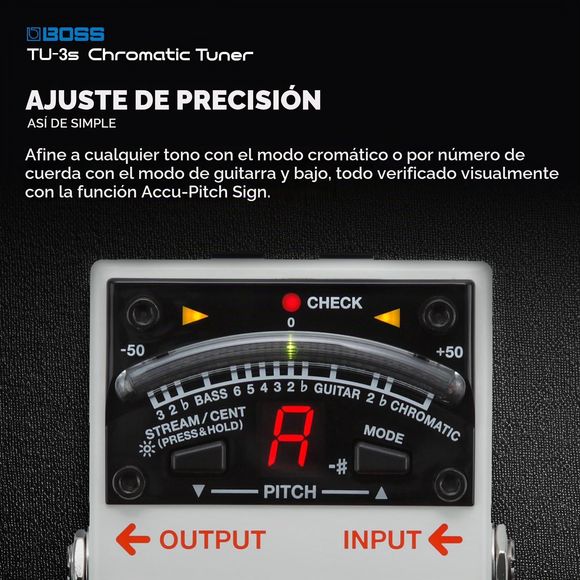 Afinador cromático compacto para pedalera BOSS TU-3S | Excelentes prestaciones en formato diminuto | Afinación de precisión para guitarra y bajo | Indicador LED de 21 segmentos