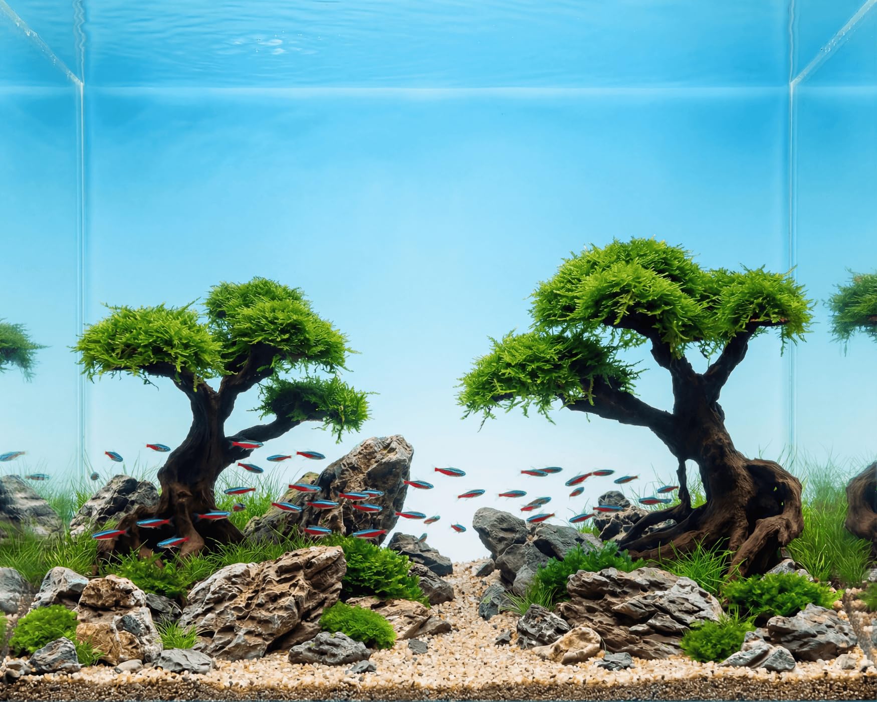 NatureHolic Christmas Moos Doppel Bonsai Baum Kasei Twin XXL 2 Stück Stone Bonsai Set bepflanzt - Aquarium Deko mit Vesicularia montagnei - Polyresin 100% inert - sofort einsatzbereit