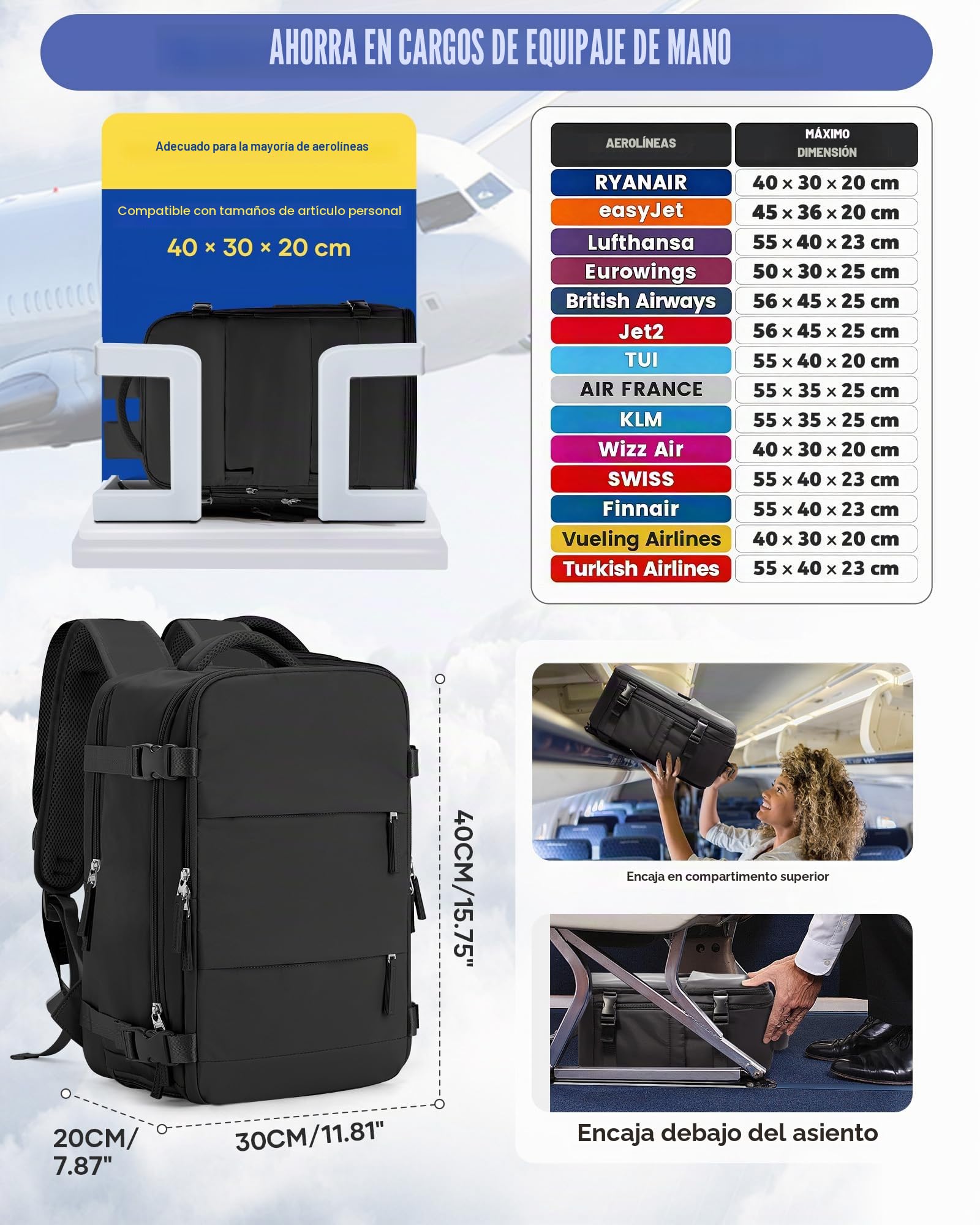 HPLQQ Mochila de Viaje al Vacío 40x30x20 con Bomba Cabina Avion Mochilas para Ryanair Bolsa de Cabina Easyjet Equipaje de Mano Mochila de Senderismo Impermeable Cabina Mochila para Mujer,H01-Negro
