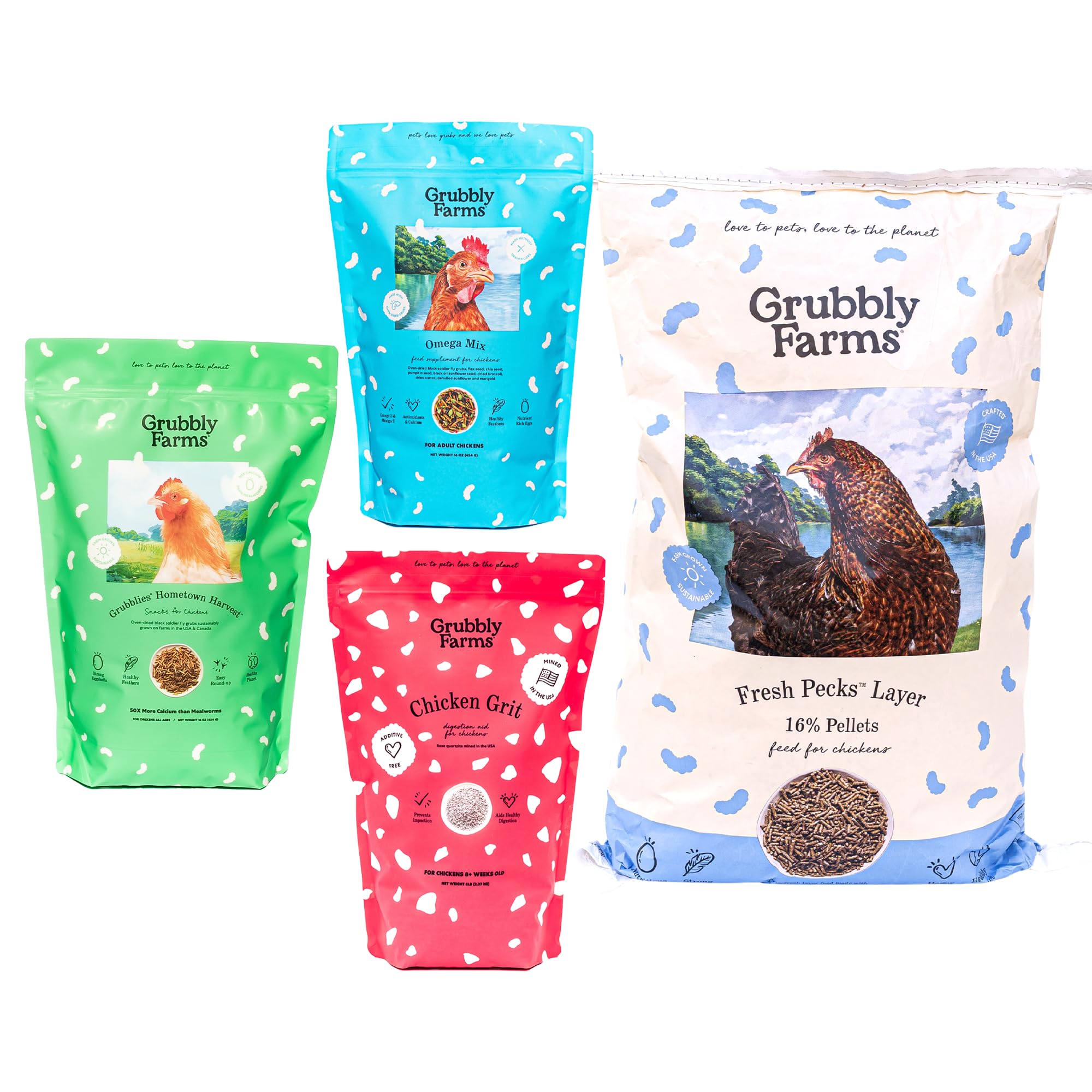 Grubbly Farms Adult Chicken Bundle - Chicken Grit, Fresh Pecks Layer Feed Pellets, Omega Mix &amp; Grubblies - Complete Nutrition, Proper Digestion, Strong Eggshells &amp; Natural Protein Treats