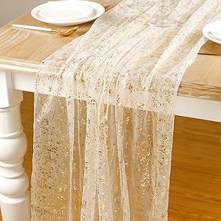 AerWo 10FT Gold Table Runner, Gold Foil Glitter Sheer Sequin Table Runne...