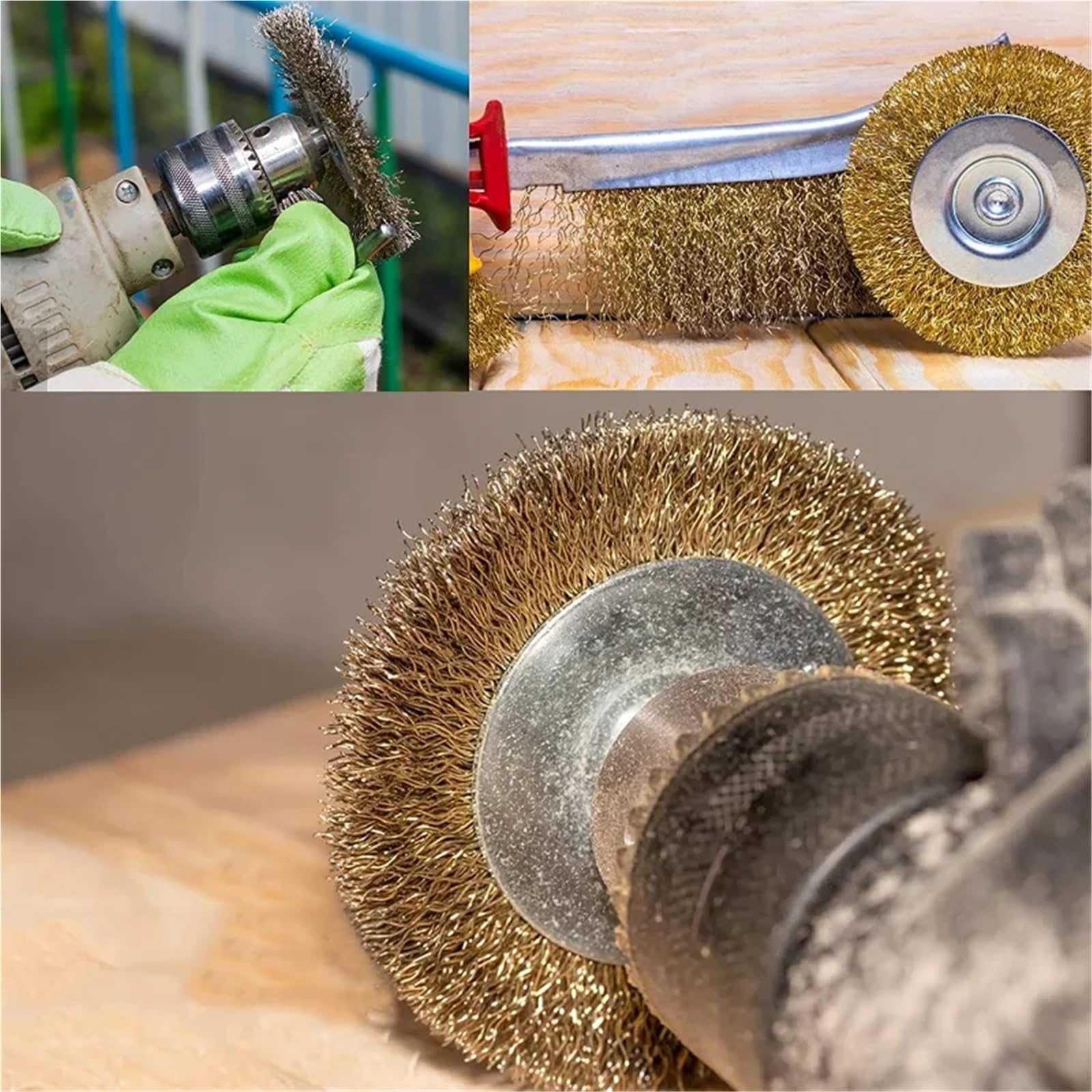 Cepillo De Alambre Cepillo de alambre, vástago broca, herramientas rotativas acero al carbono chapadas en latón, eliminación óxido Metal, pulido y limpieza Para Taladro