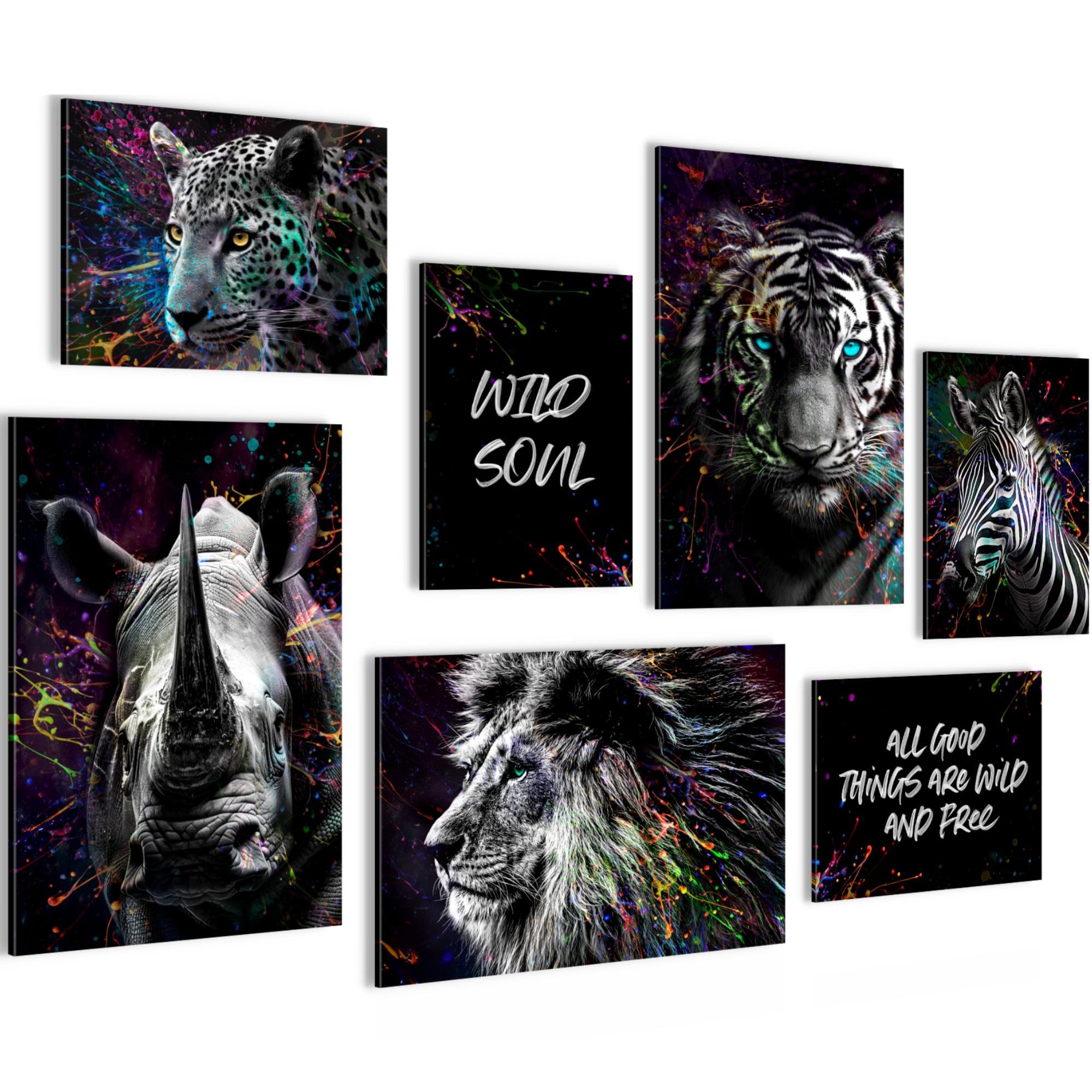 Novart Bilder Afrika Tiere Streetart - KOMPLETT AUFHÄNGFERTIG - Schwarz Wohnzimmer Schlafzimmer Flur - 7 Moderne Mood-Bilder - N037672a