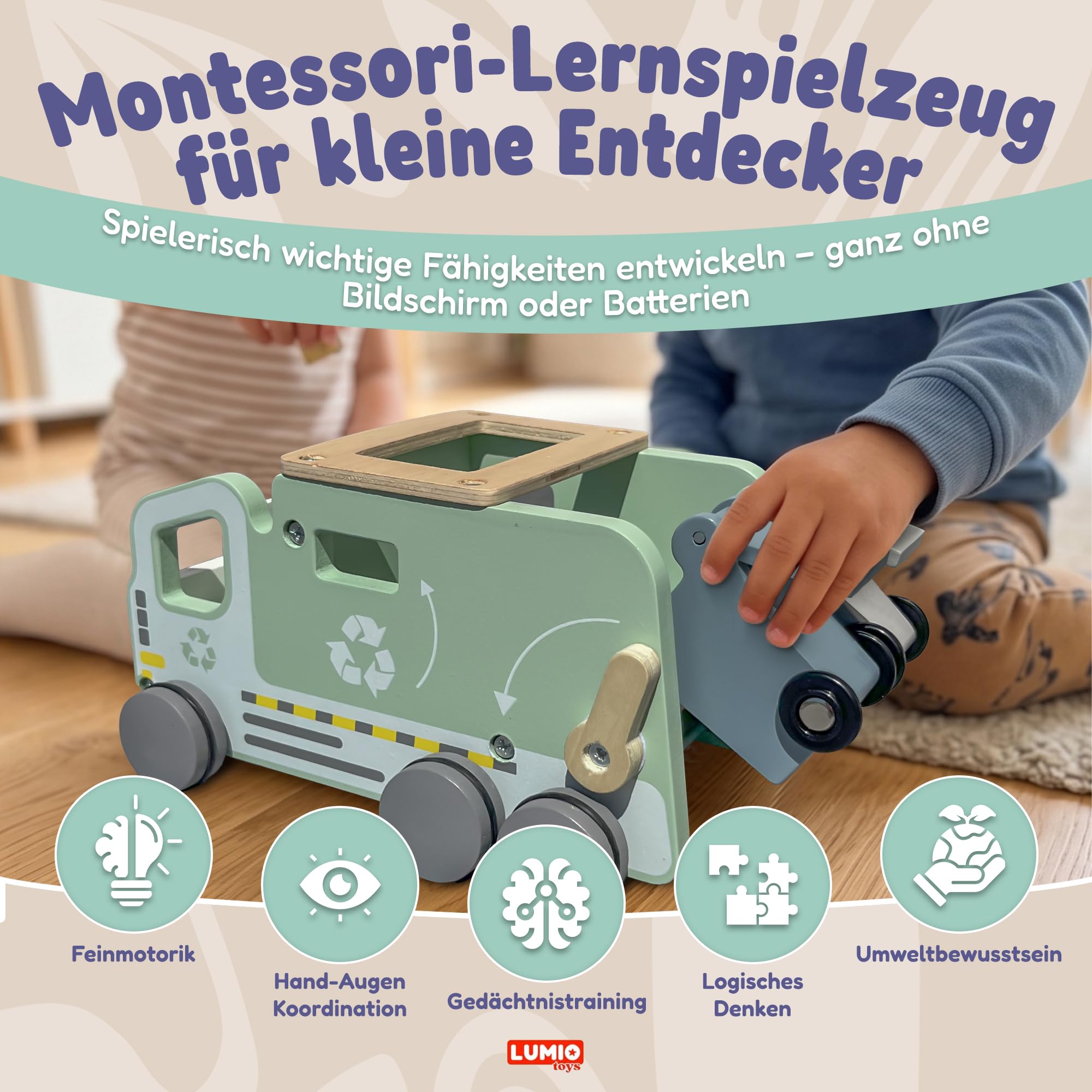 Montessori Müllauto Holz ab 3 Jahren – Müllwagen Lernspielzeug – Müllabfuhr Set mit Mülltonnen & Karten zur Mülltrennung – Motorikspielzeug & Geschenk für Junge & Mädchen 3 4 5 Jahre