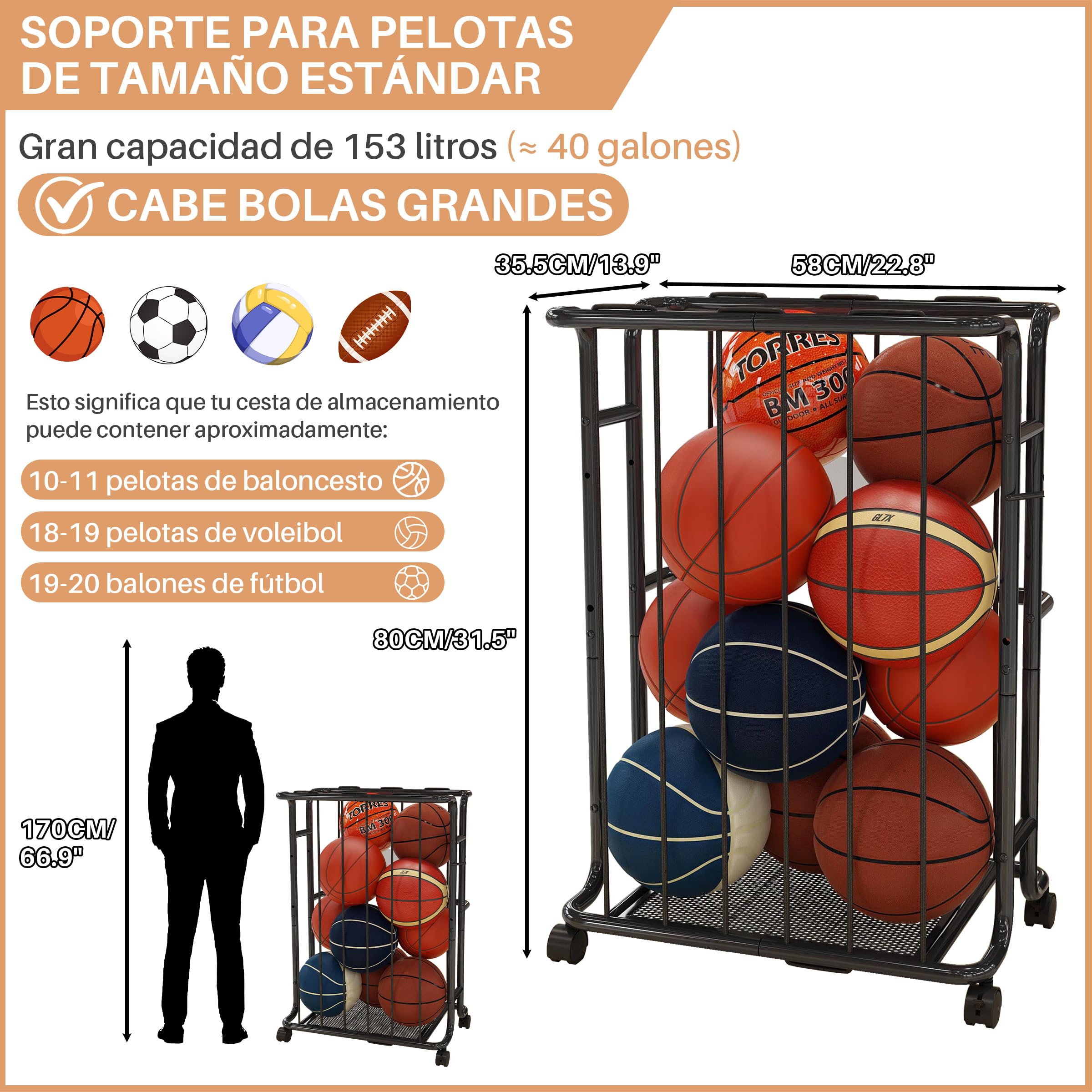 Gran capacidad de 139 litros de capacidad, con ruedas deslizantes, adecuado para baloncesto, balones de fútbol, rugby y otros balones deportivos. Apto para uso en interiores y exteriores.