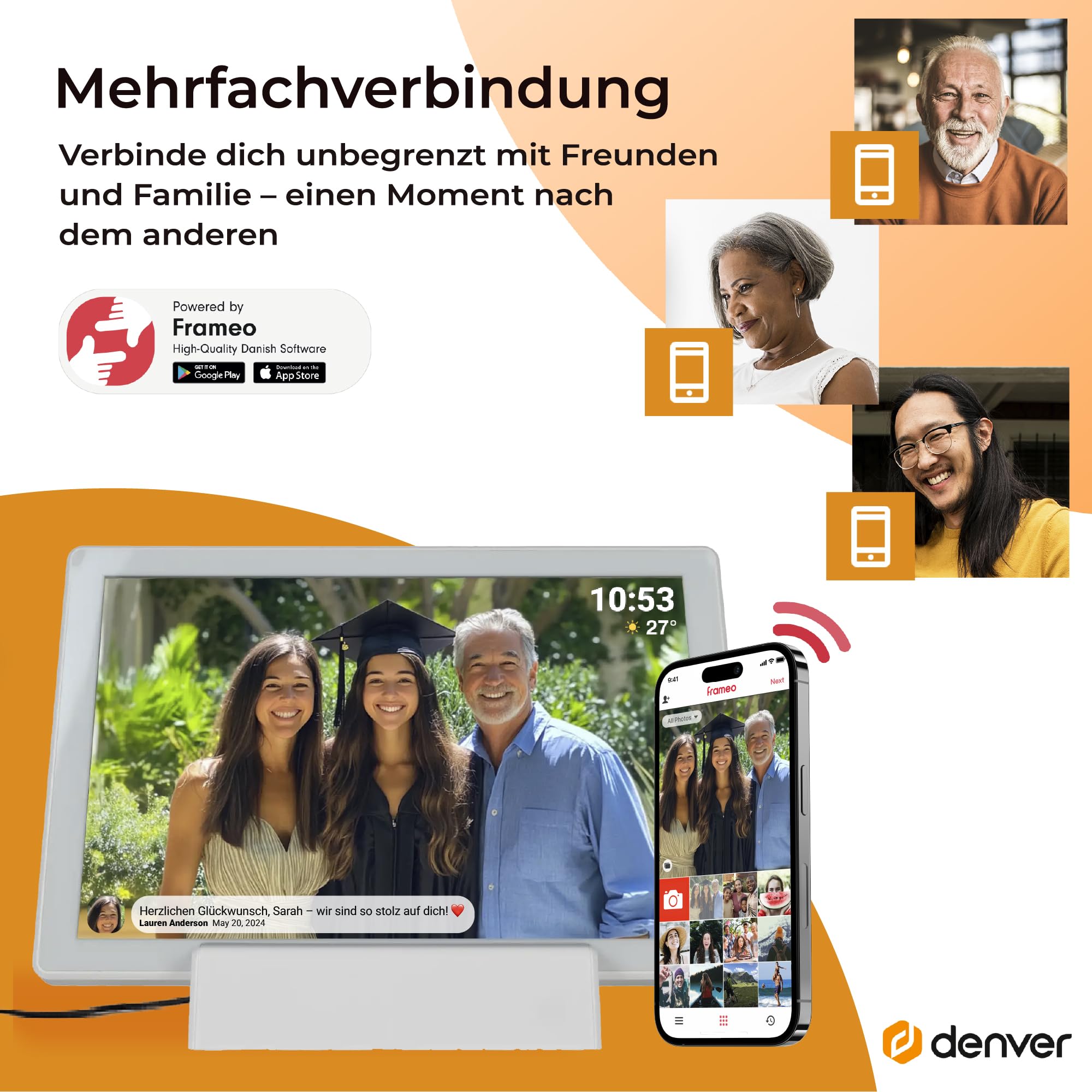 Denver PFF-1070B | 10.1 Zoll Digitaler Wi-Fi Bilderrahmen mit Akku | HD IPS Touchscreen | FRAMEO App & 16GB Speicher | Weiß