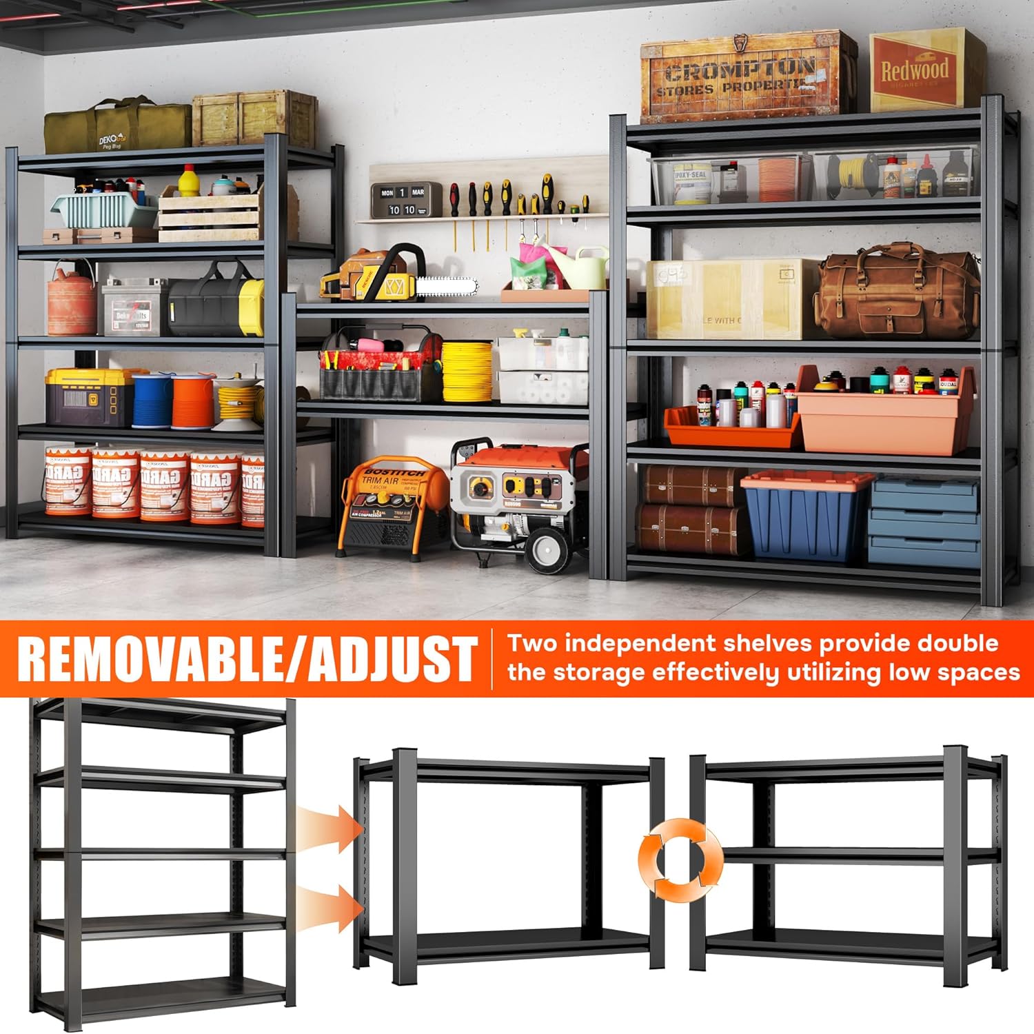 5Tier-Basement & Garage Storage Shelves - Heavy Duty Metal Shelving Units with Adjustable Racks, Suitable for Garage, Basement & Shed, Perfect for Storing Seasonal Items & Tools (63'H*45.3'W*19.7'D)