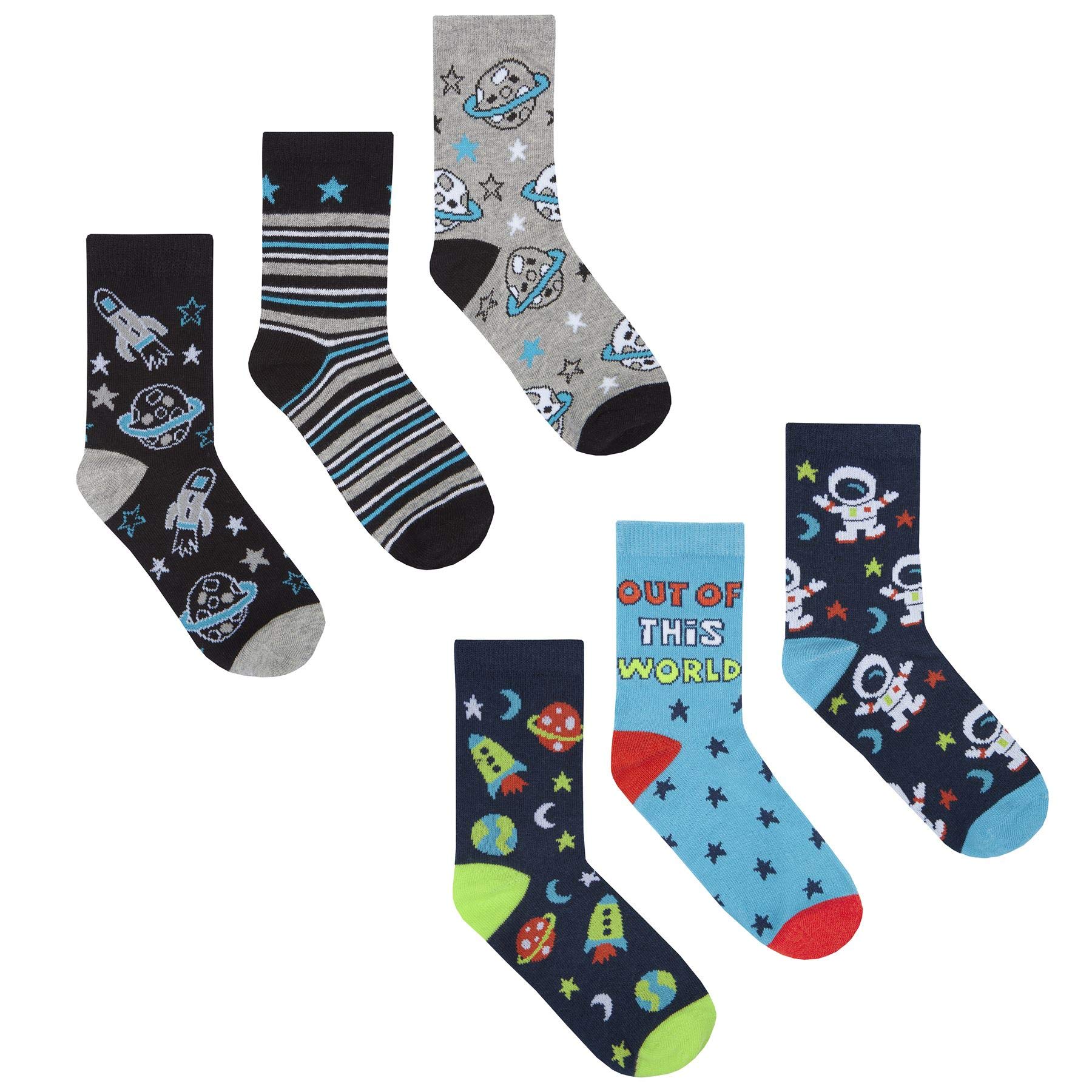 Sock Stack Boys Outer Space Socks 6 Pairs Of Kids Dinosaur Football Space Gaming Cotton Rich Socks, 6-8
