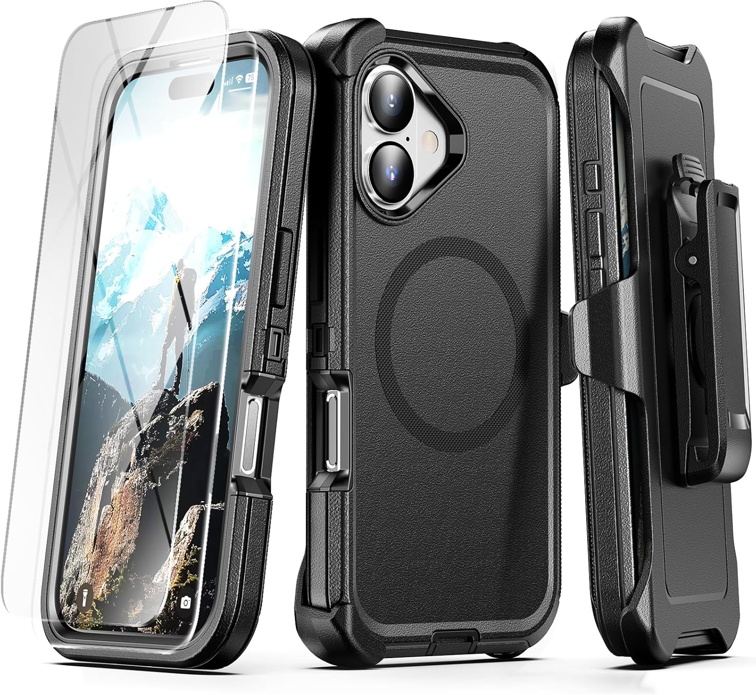 for iPhone 17 Case with Belt Clip Holster, Compatible with MagSafe, Shockproof, 3-Layer Drop Protection, Heavy Duty Magnetic Protective Phone Case Cover, 6.3", Dark Black iPhone 17 6.3" Black with Clip