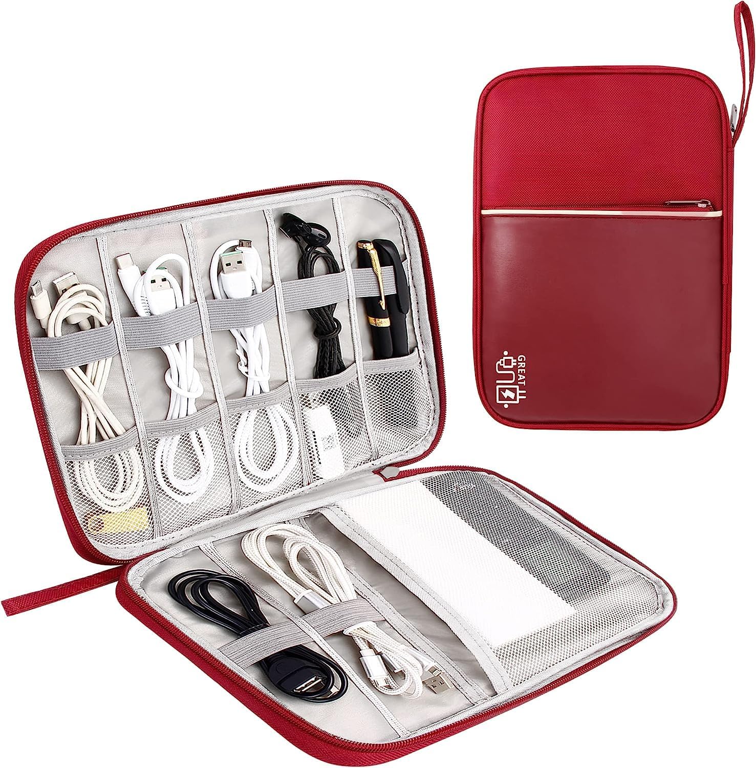 Electronics Organizer Small Travel Cable Organizer Bag Compact Electronic Accessories Cord Case for Hard Drives, Cables, Cords, Chargers (RED)-image-4