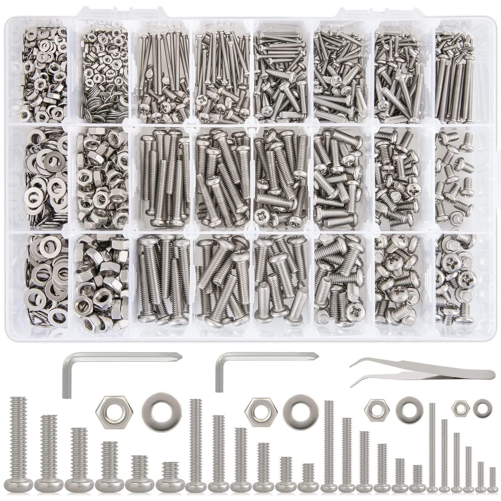 K Kwokker 1315Pcs Pan Head Phillips M2 M3 M4 M5 Machine Screws, 25 Sizes Bolts and Nuts Kit, 304 Stainless Steel Set Screw Assortment Kit, Metric