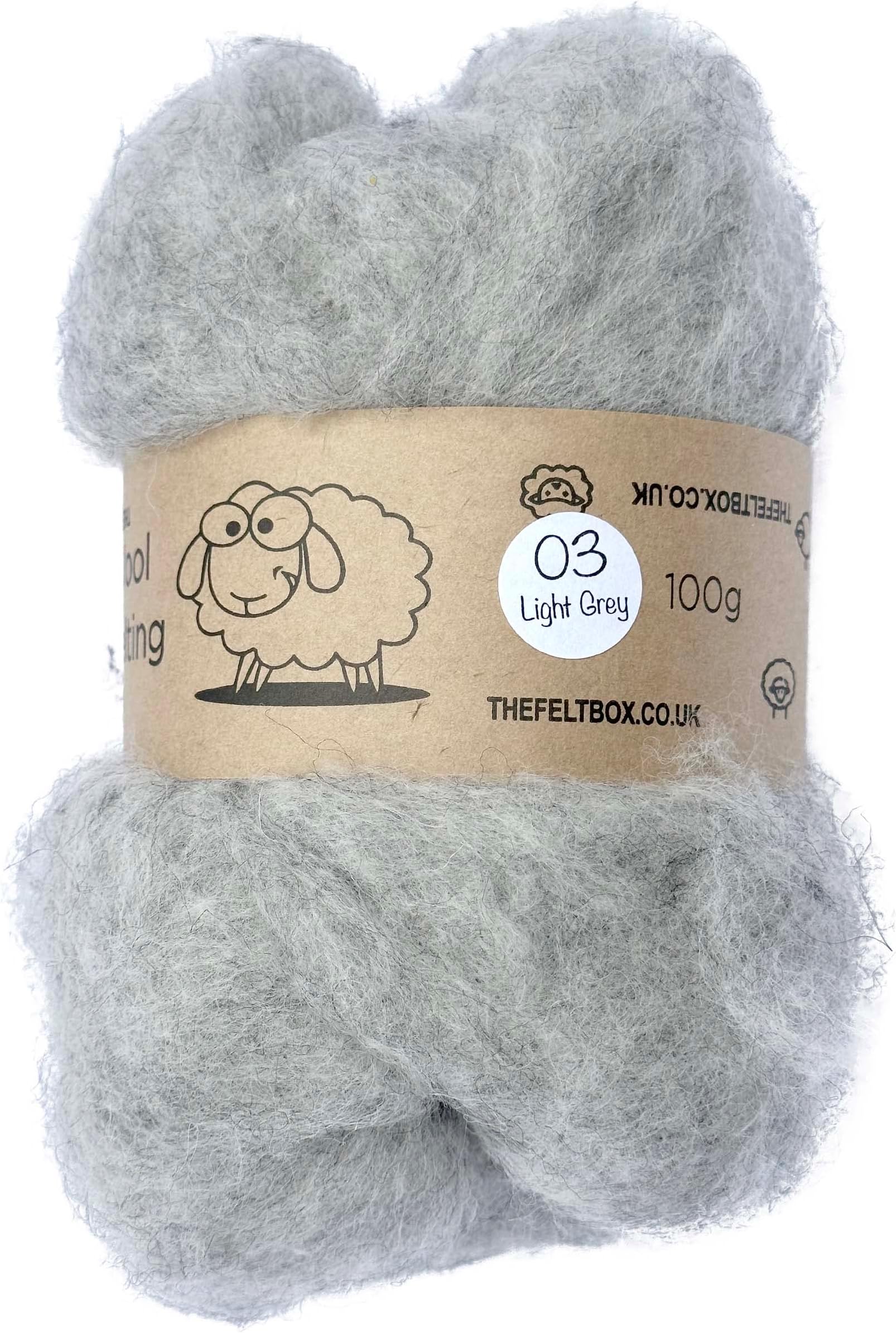 The Felt Box Needle Felting Wool Carded Batting : Short Coarser Mixed Together Fibres, Use as Core or Finish Wool 100 g | 3.5 oz- Light Grey #03