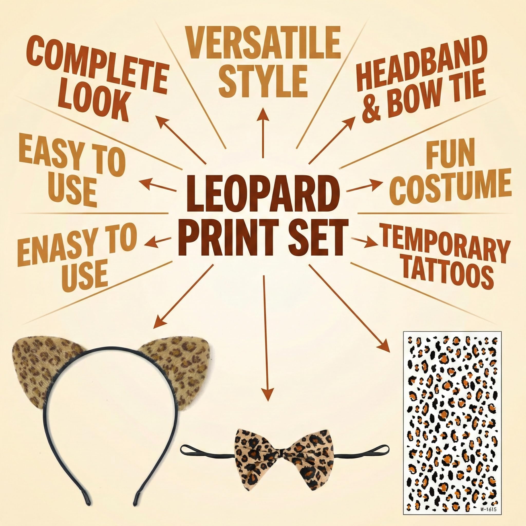 3-Piece Leopard Costume Set for Adults - Animal Headband, Fake Tattoo & Bow Tie - Accessories for Carnival Cosplay & Halloween Party - Image 4