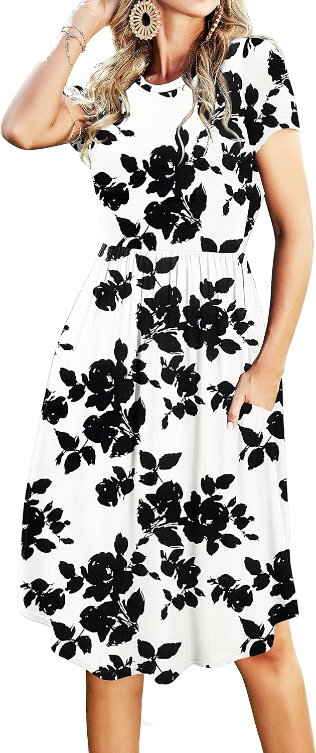Simier Fariry Womens Summer Pocket Knee Length Teacher Casual Dress Knit Fit Flare Short Sleeve Midi Work Travel Outfits