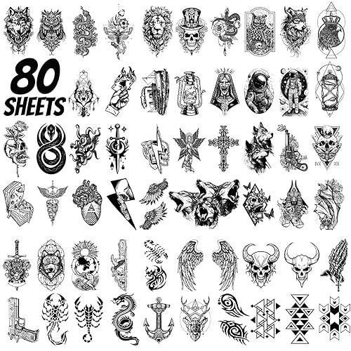 winthrop 80 hojas de tatuajes temporales pequeños para adultos, tema negro, impermeable, arte corporal, tatuajes realistas, incluye león, lobo,