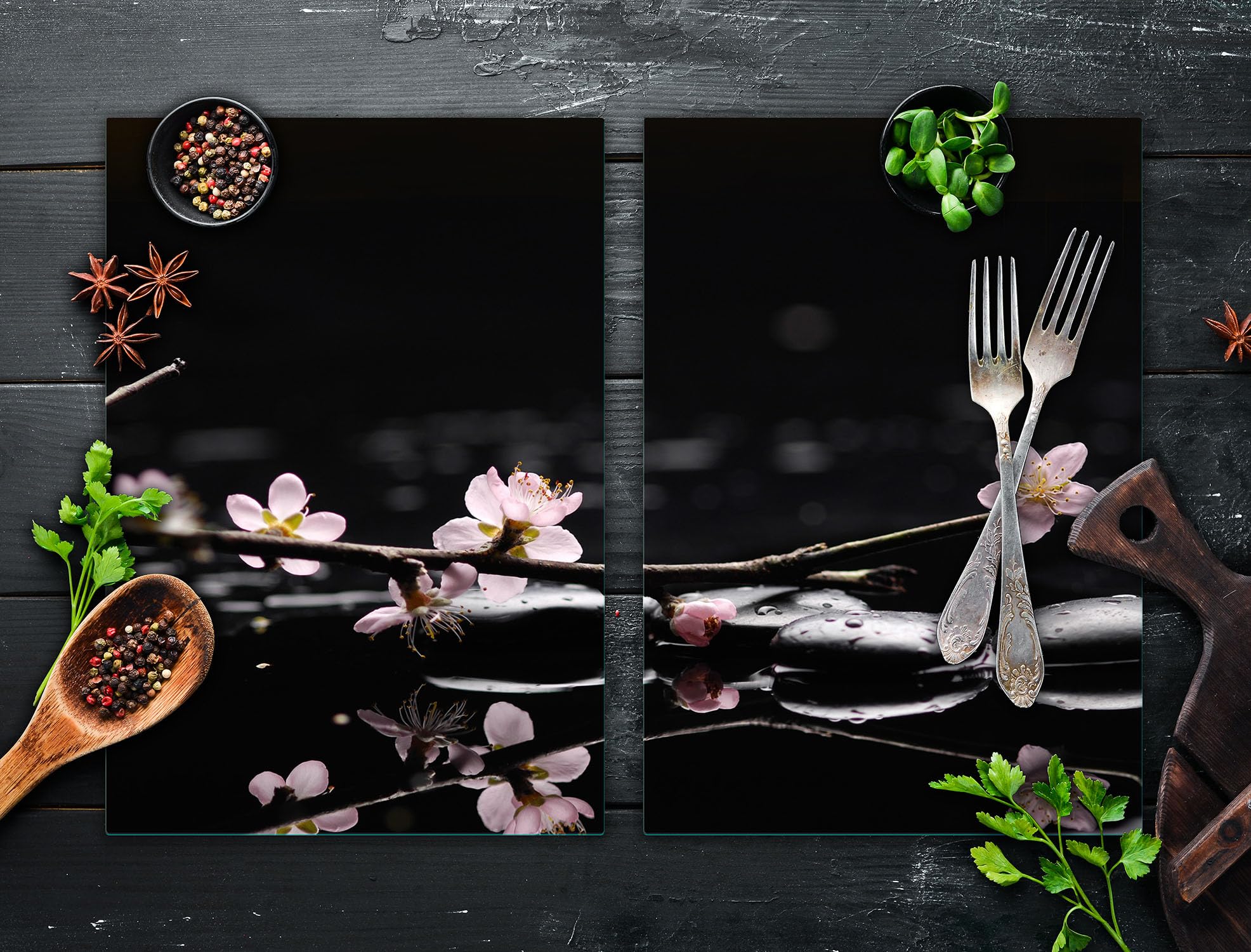 TMK ArtDeko Plaque de protection universelle pour plaque de cuisson 2 x 35 x 52 cm 2 pieces Protection contre les éclaboussures Planche a découper en verre trempé Décoration, Fleur