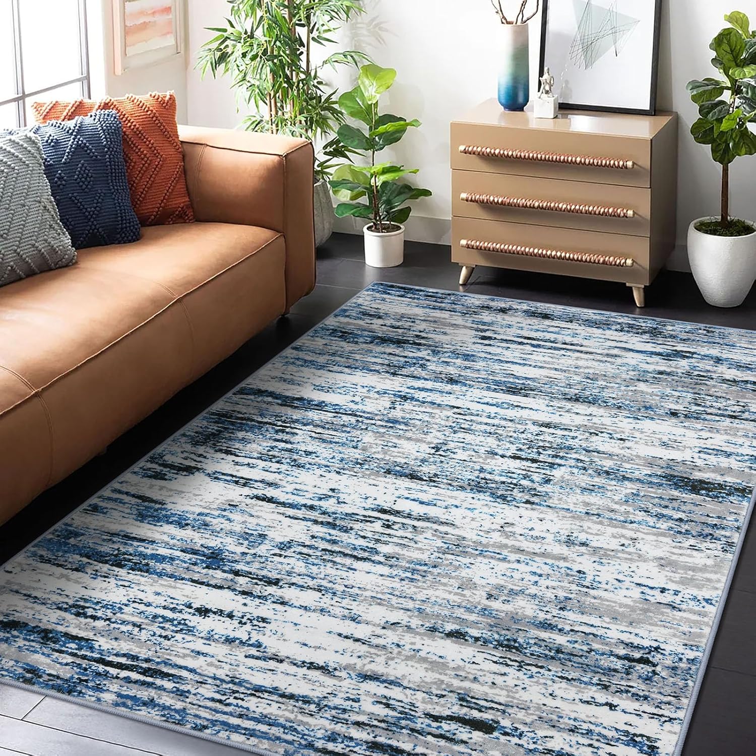 Modern Abstract 5x7 Washable Area Rug Non-Slip Soft Bedroom Living Romm Rug Grey Blue White Print Faux Wool Floor Carpet Throw Rugs for Nursery Playroom Dining Room Indoor Office Home Decor 5'x7'(60"x84") Grey Blue White