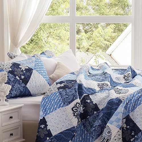 Miniatura 7 de Juego de edredón de 3 piezas tamaño matrimonialqueen, colcha reversible ligera de 90 x 98 pulgadas, suave colcha floral de retazos de microfibra