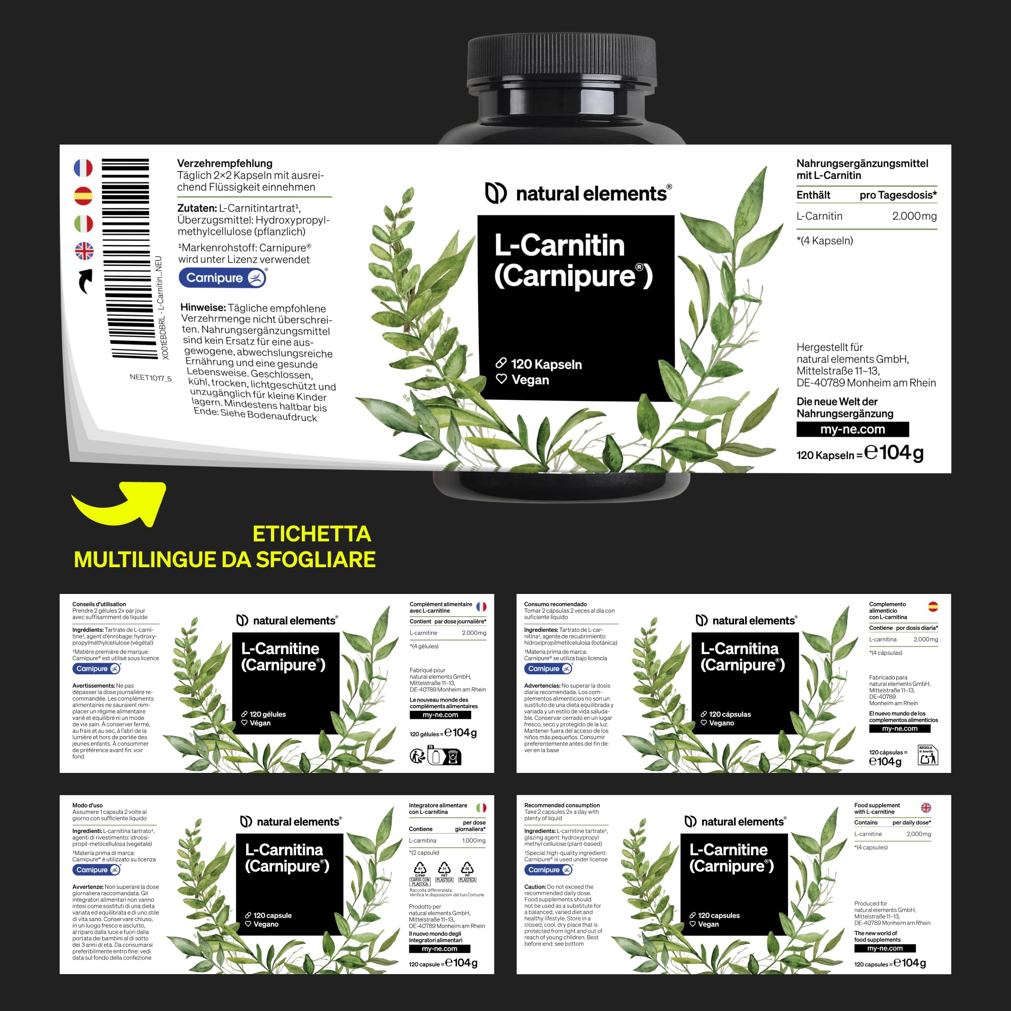 L-Carnitina 2000 con Carnipure, 2000 mg di L-carnitina per Dose Giornaliera, 120 Capsule Vegan, ad Alto Dosaggio e Senza Additivi, Prodotto e Testato in Laboratorio in Germania