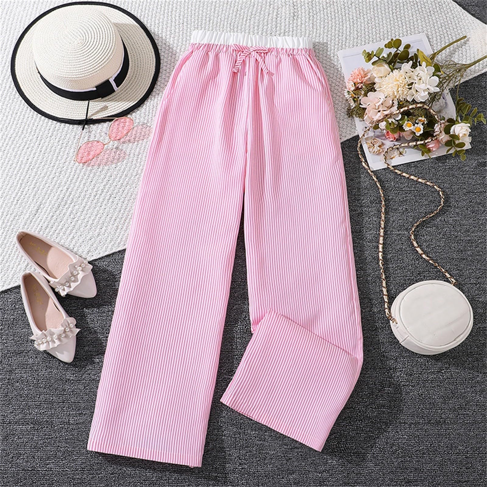 Girl Elastic Waist Striped Pants Kids Wide Leg Striped Print Long Trousers Loose Casual Straight Leg (Red, 12 Years)