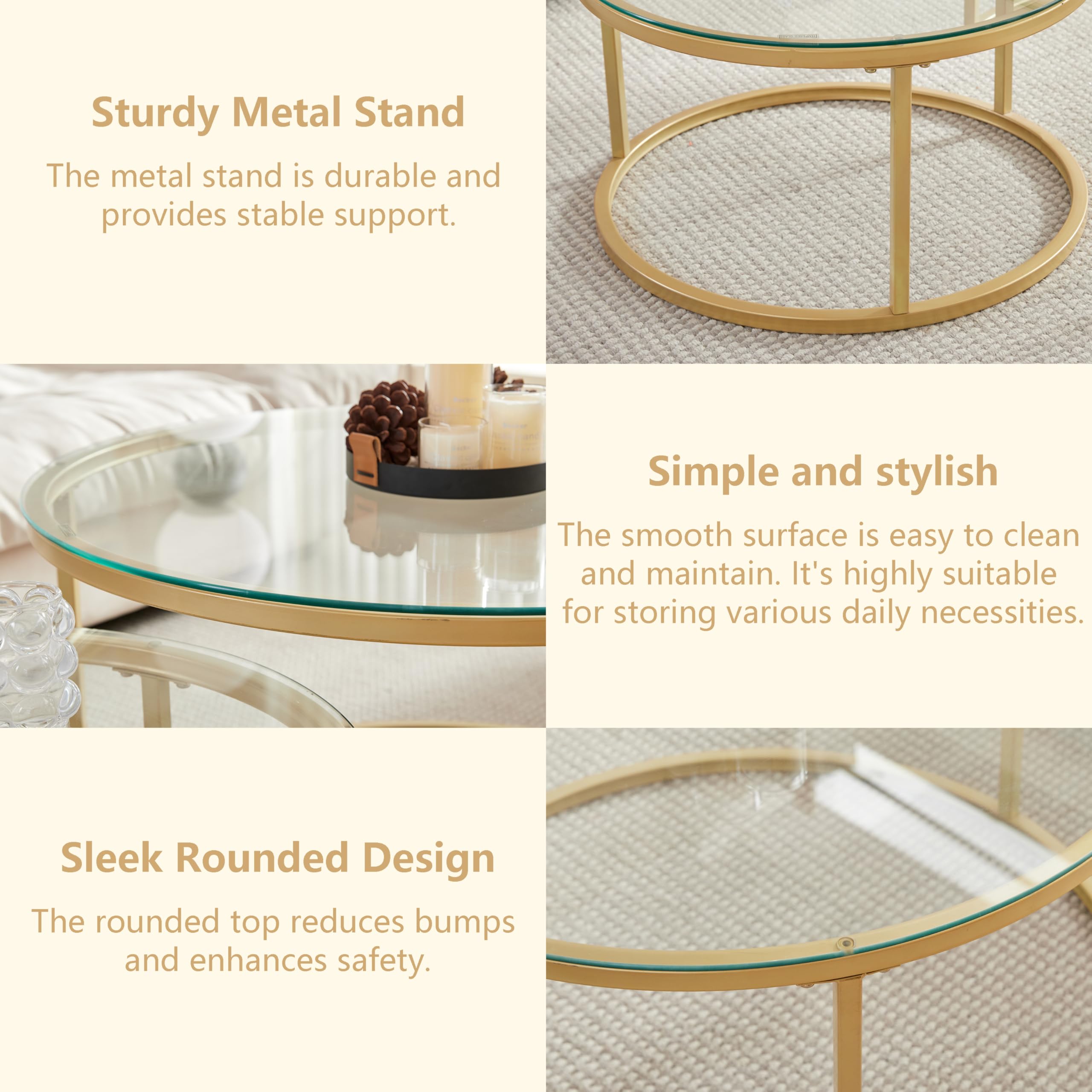 Lot de 2 Table Basse, Table D'appoint Ronde Empilable pour Salon, Pieds en Métal Plaqué Or, Adapté au Salons, Café, Salon (80 * 45 cm et 60 * 35 cm) - Verre Or