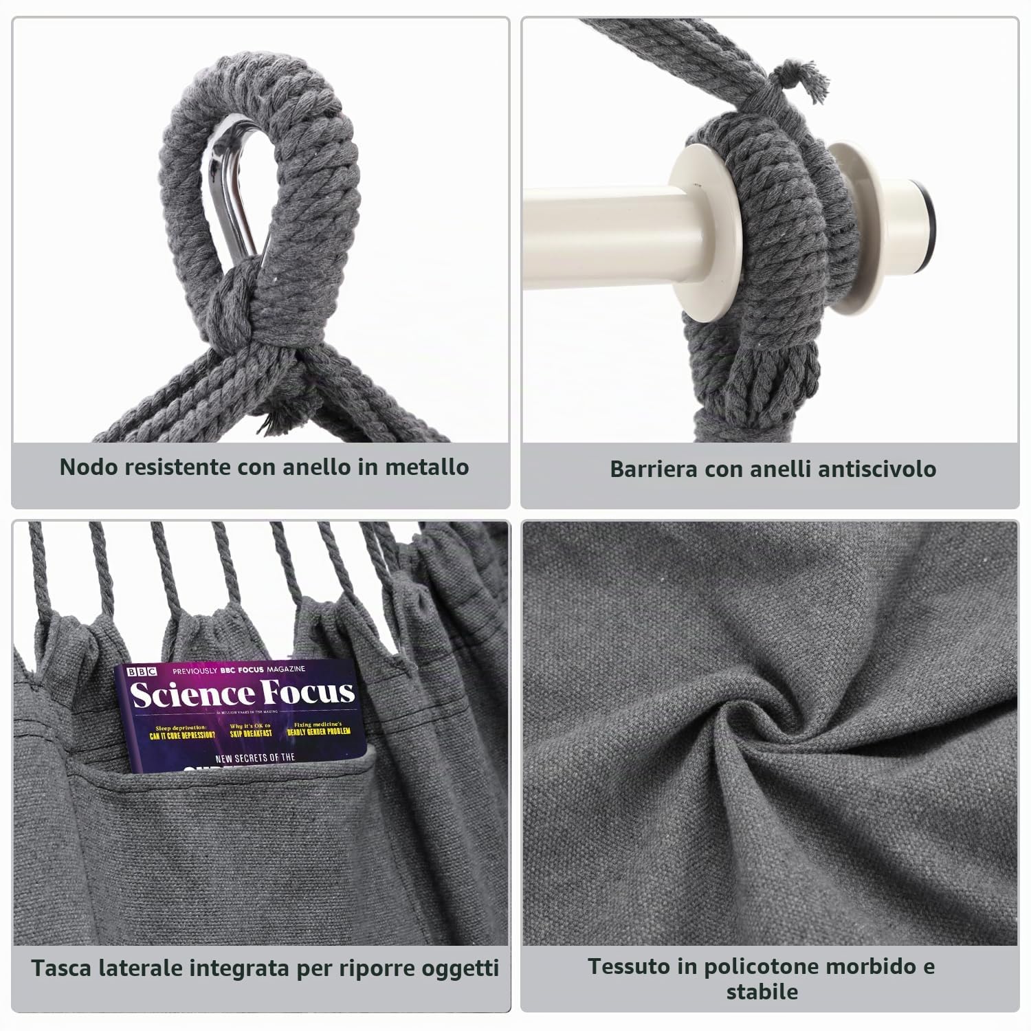 Ohuhu Sedie Sospese Sedia Amaca da Giardino con 2 Cuscini e Robuste Ganci kit, Sedia ad Altalena Sedia a Dondolo Sospesa Costruzione Robusta e Resistente per Balcone, Giardino, Portante 150kg (Grigio)