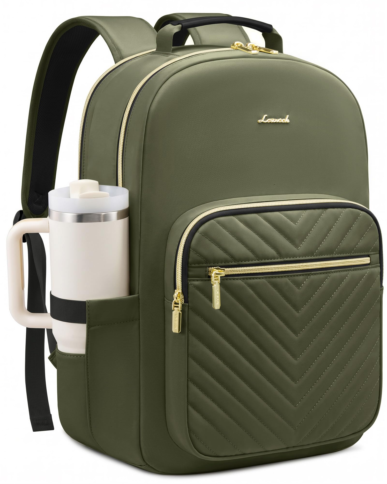 LOVEVOOK Laptop Backpack for Women Work Travel College Teacher Nurse Backpack Purse 15.6 inch with Tumbler Holder Olive Green - Black