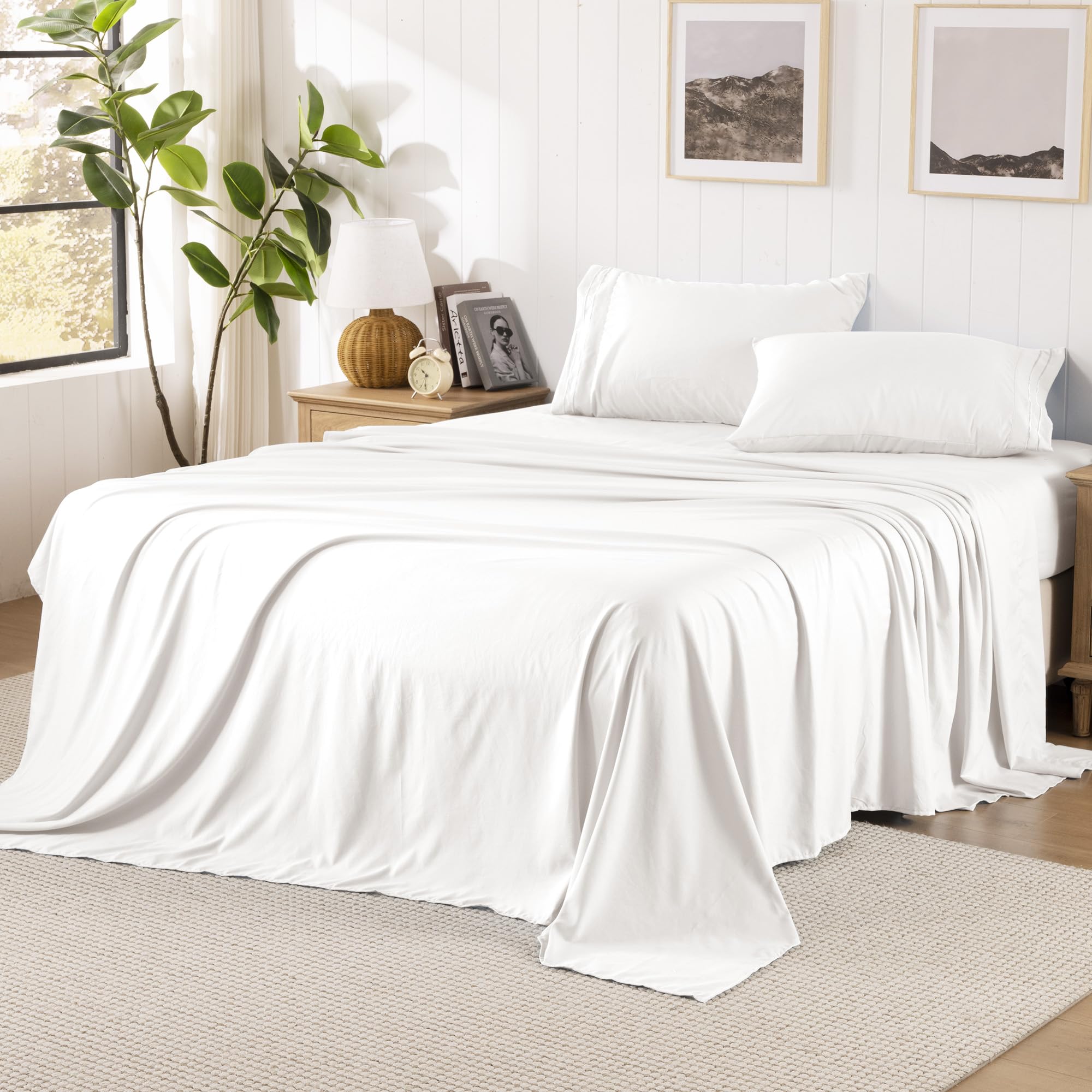ROSE RISY White Queen Sheet Set Pre-washed Cotton-like Brushed Microfiber 4 Pieces Ultra Soft Bed Sheet Sets Breathable