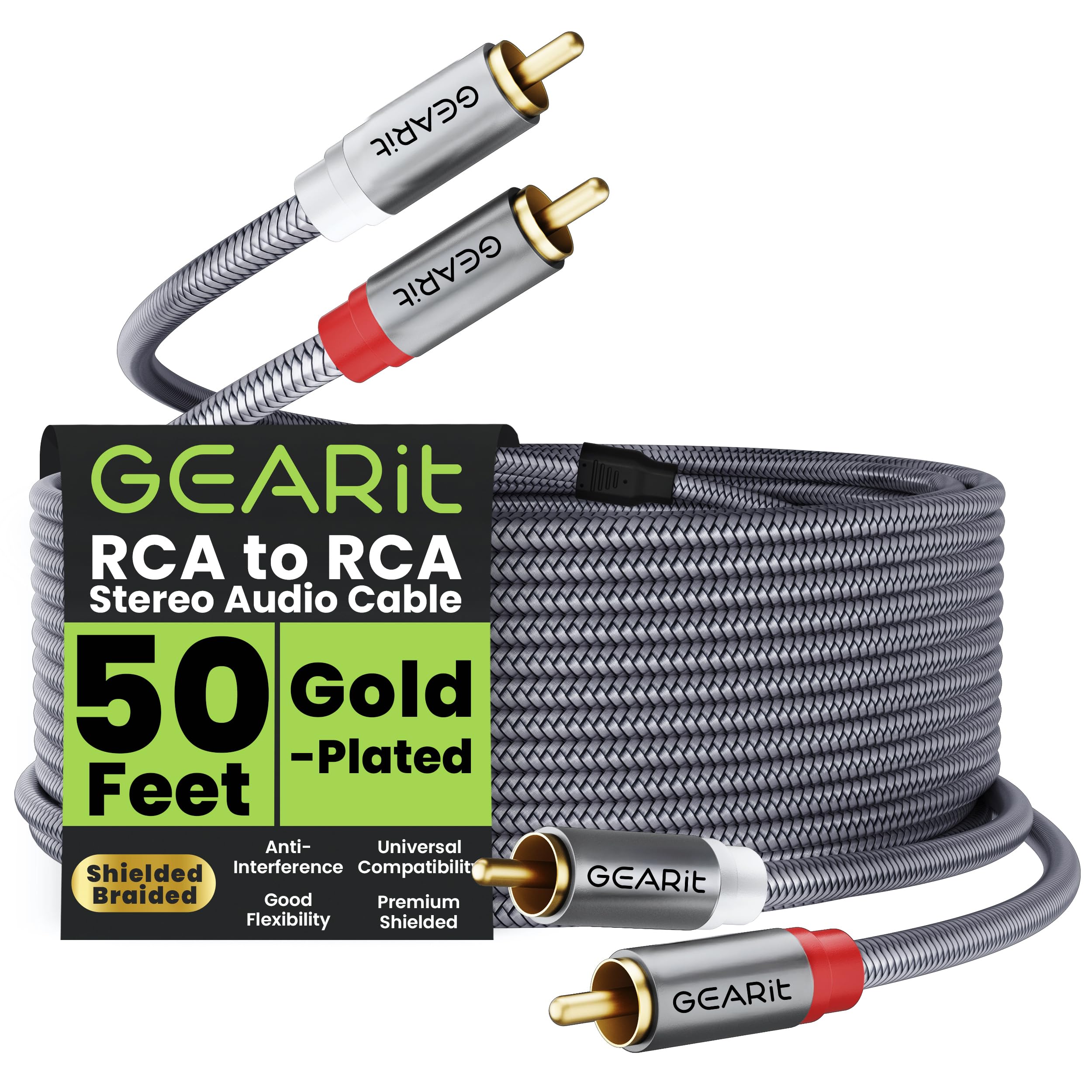 GEARit RCA Cable (50FT) 2RCA Male to 2RCA Male Stereo Audio Cables Shielded Braided RCA Stereo Cable for Home Theater, HDTV, Amplifiers, Hi-Fi Systems