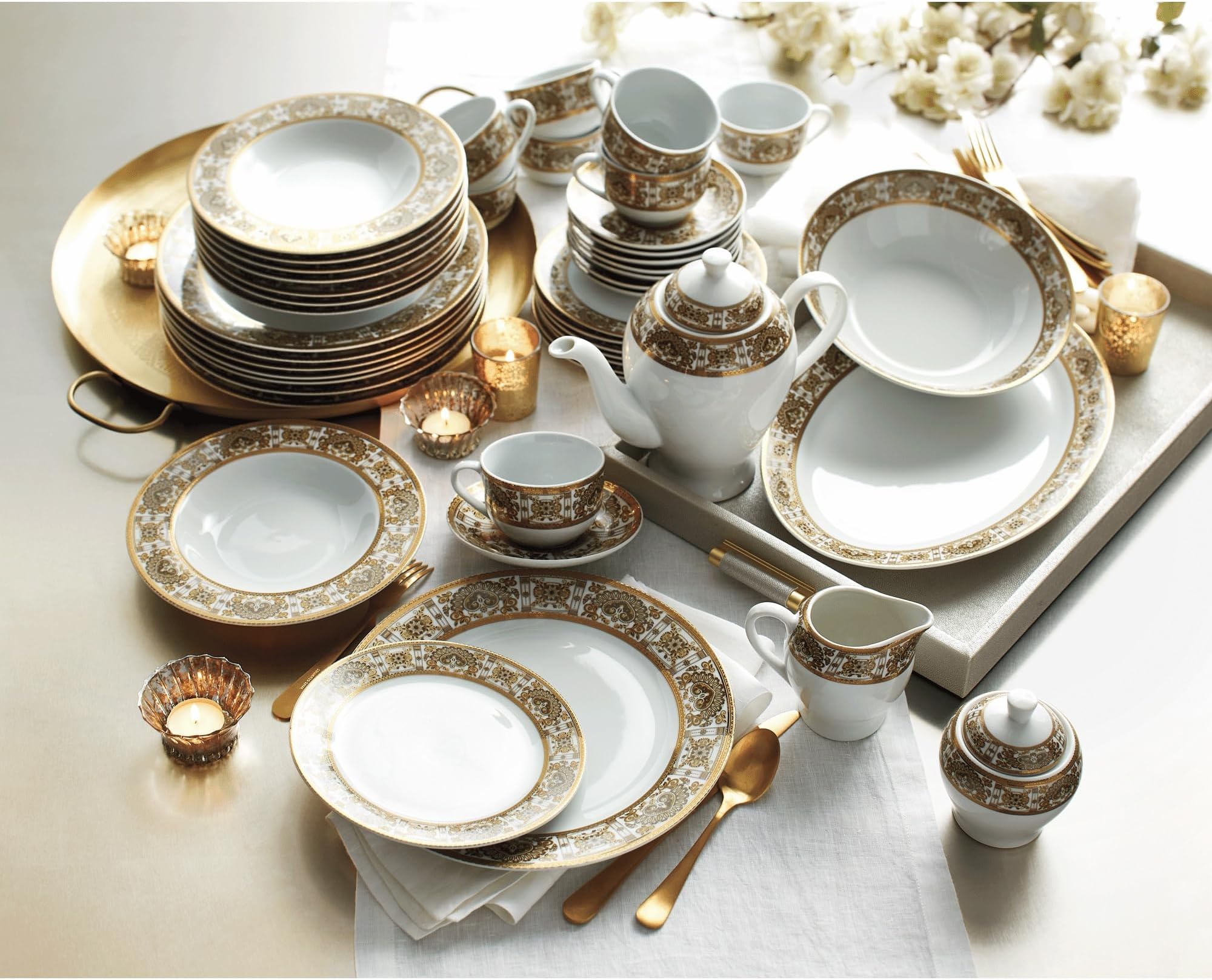 Montgomery Ward 47-Piece Grand Dinnerware Set in Gold - 8-Place Setting, Glazed Porcelain, Includes Plates, Bowls, Cups, Saucers, Serving Pieces