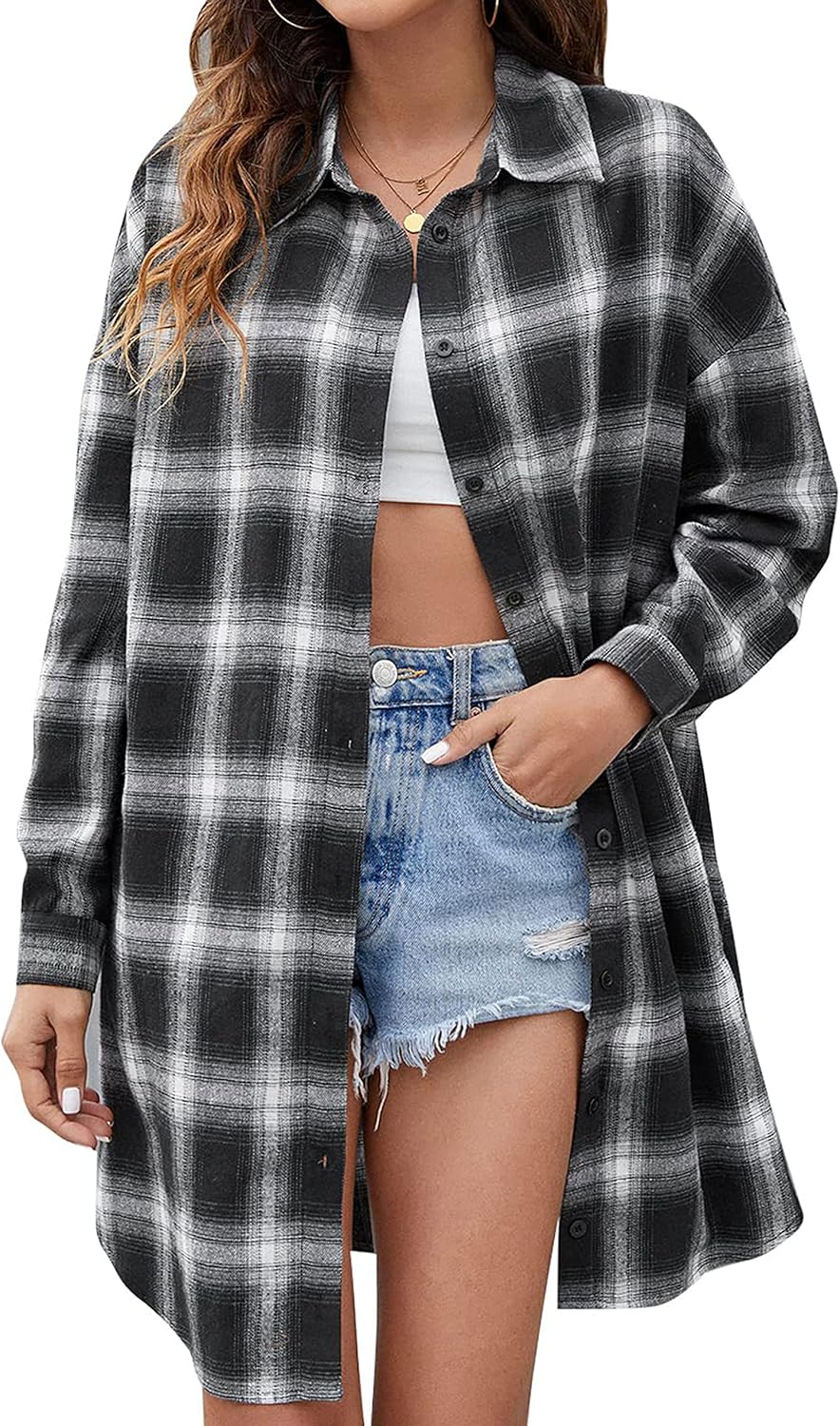 Bozanly Women's Oversized Button Down Long Plaid Flannel Shirts Lapel Long Sleeve Check Jacket Shacket