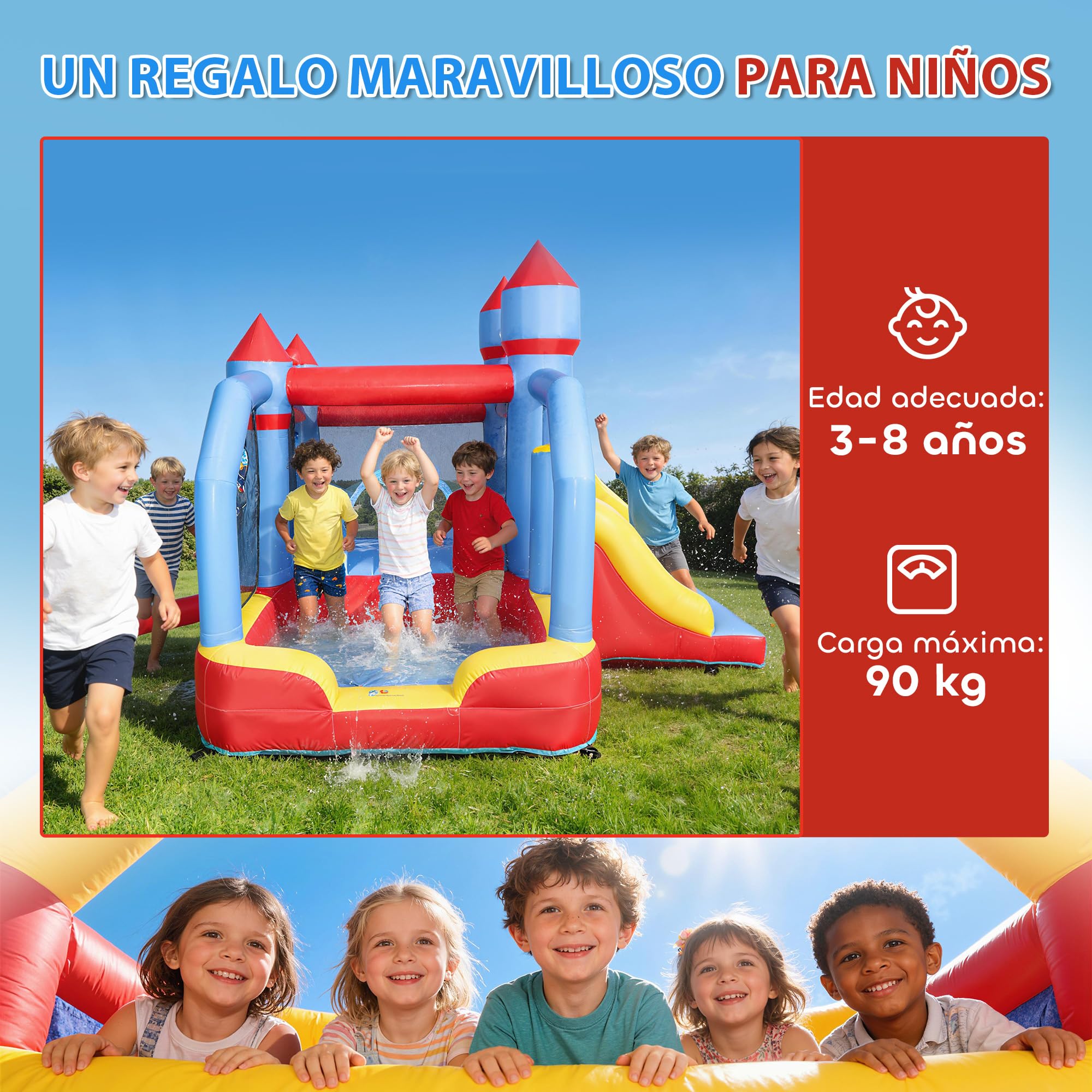AIYAPLAY Castillo Hinchable para Niños con Soplador, Castillo Hinchable con Tobogán, Zona de Salto, Piscina, Pilar de Boxeo y Aro de Baloncesto, para Niños 3-8 Años, Interior, Exterior, 277x270x215 cm