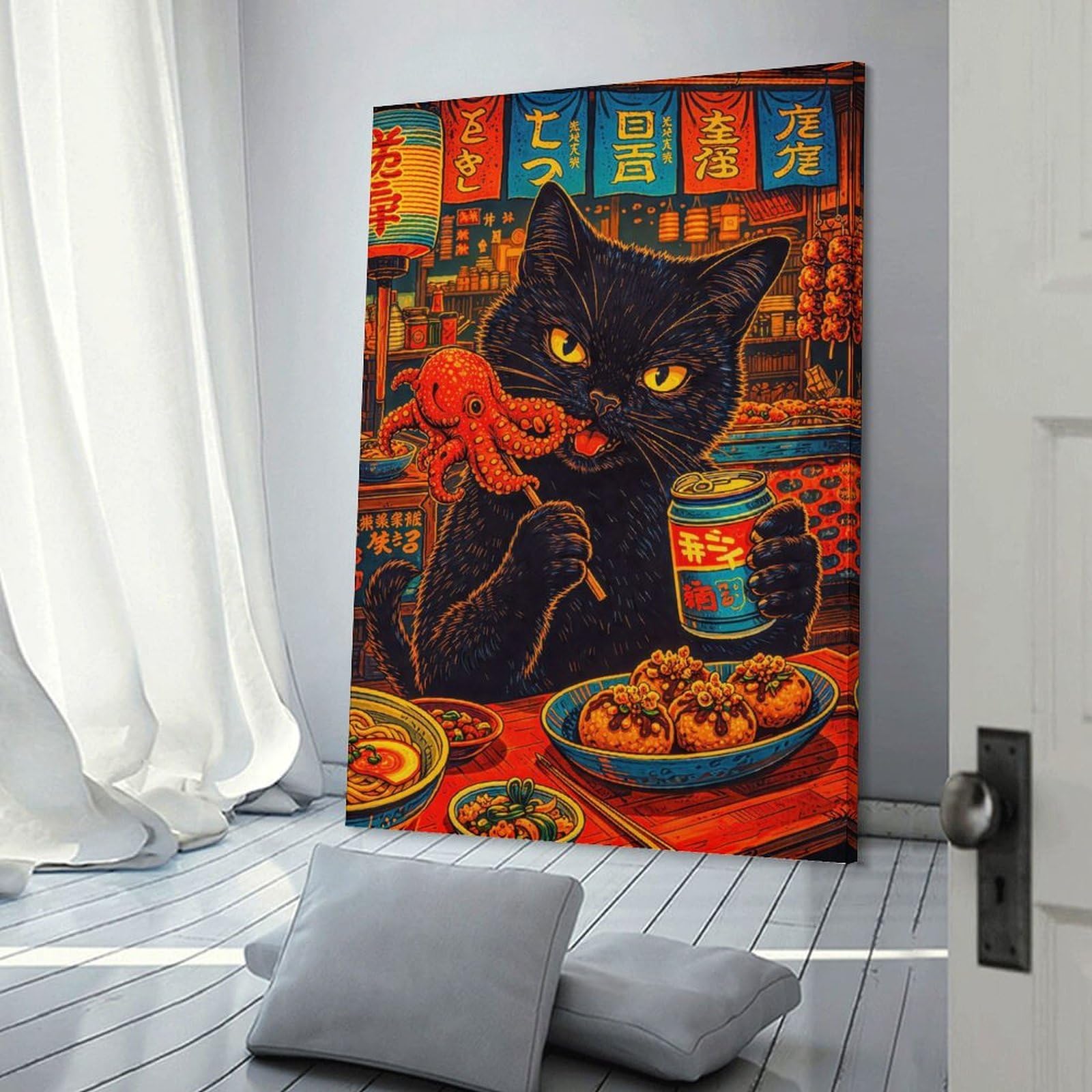 Junmoney Black Cat Eating Octopus And Drinking Soda Home Decor Wall Art, 20x30inch(50x75cm), for Home Walls, Creative Rooms Or Shared Spaces, An Adaptable Decor Piece for Home Use