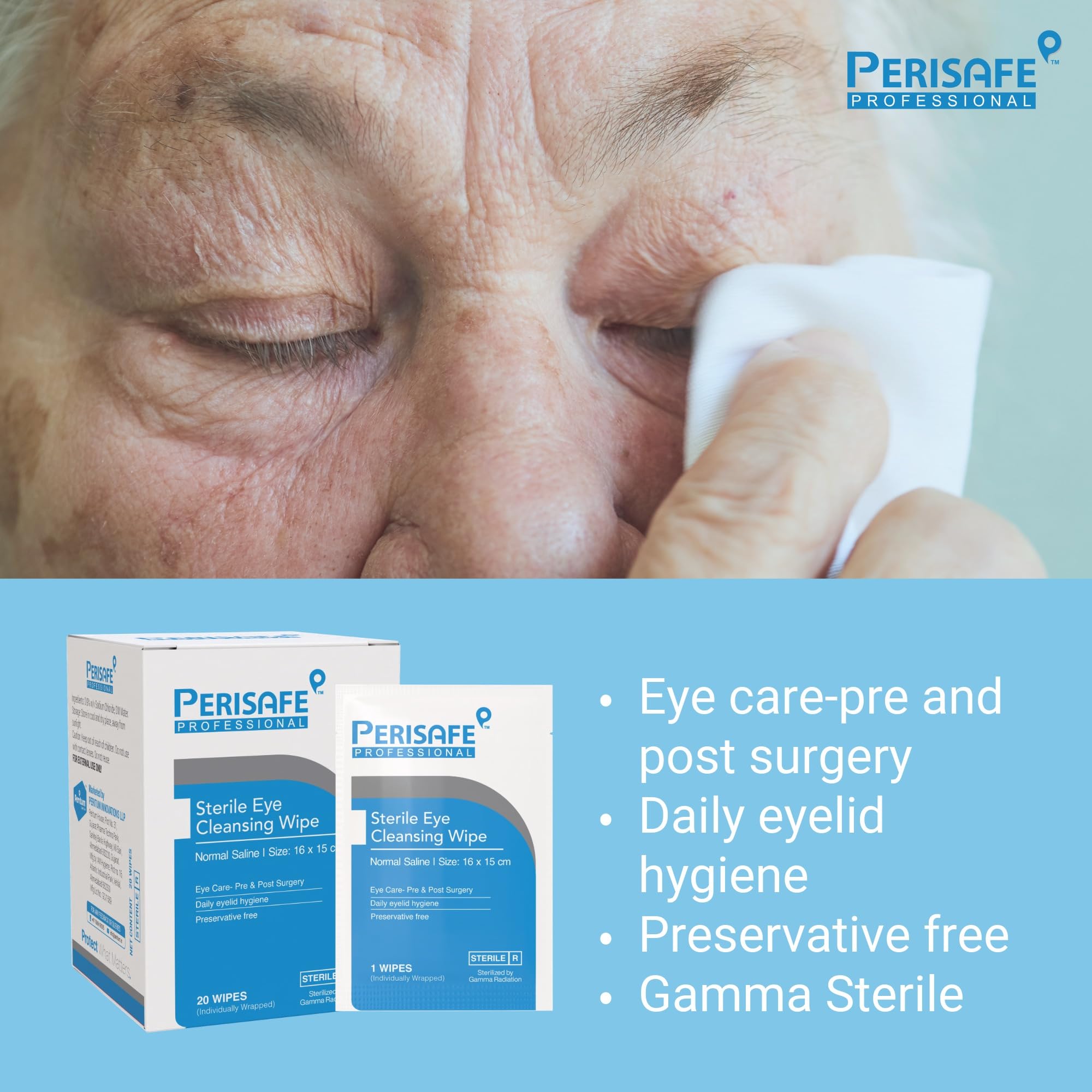 PERISAFE Sterile Eye Cleansing wipe | Normal Saline | Eye Care-Pre & Post Surgery | Daily Eyelid Hygiene | Preservative Free | Pack Of 20 Wipes - Image 2 thumbnail