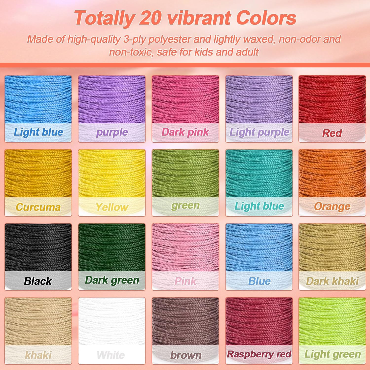Wax Thread 20 Colors, 20 Rolls 1mm Bracelet Cord, String for Bracelet Making 500 Yard, Waterproof Not Fading, Comes with 100 Keychains and 4 Clips, for DIY Necklace - Image 3