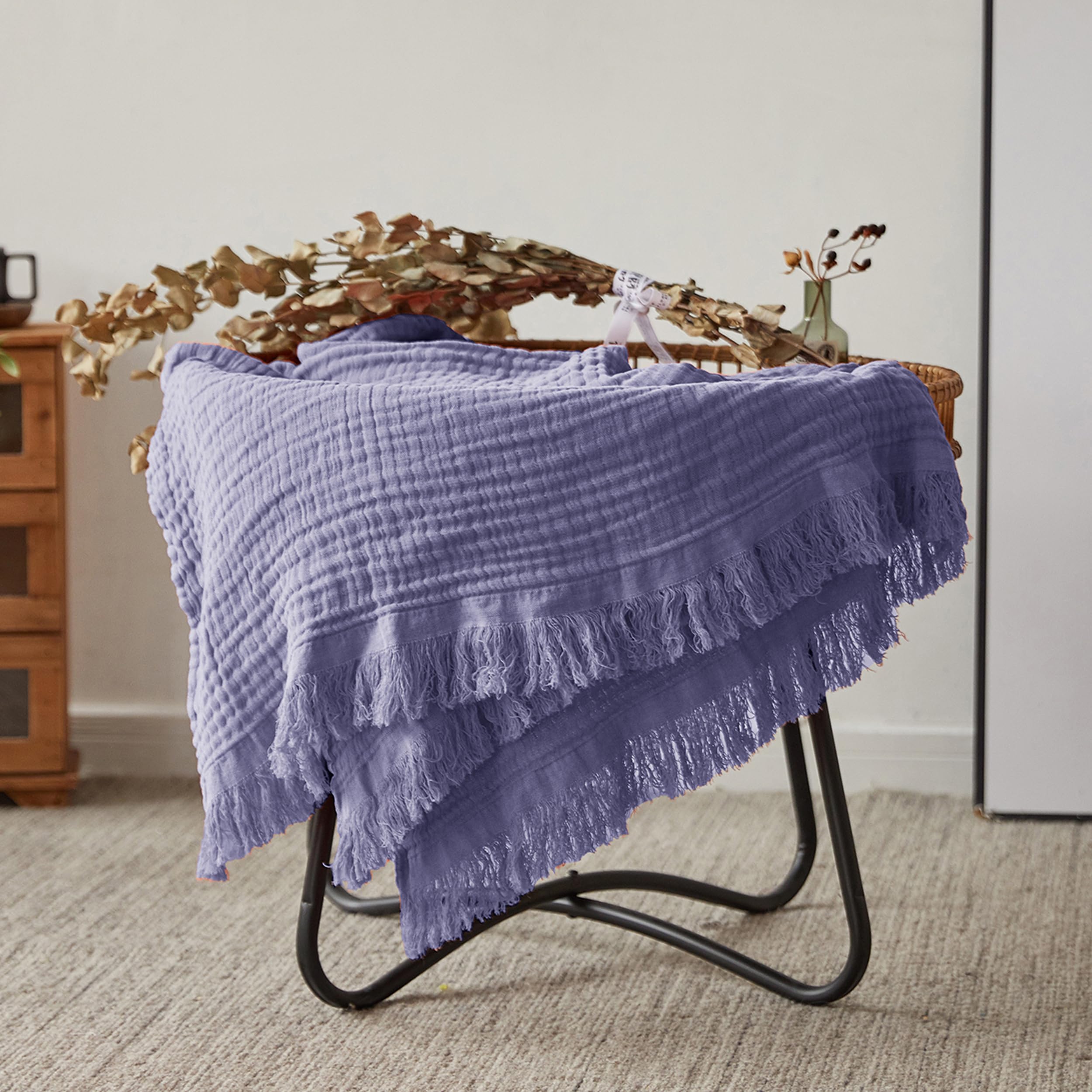 Photo 1 of **A FEW SMALL HOLES**FALUCA Cotton Muslin Throw Blanket 50x60 Inches for Bed, Couch, Knit Woven Gauze Blanket, Soft Lightweight Cozy Breathable Farmhouse Decoration for All-Season, Light Purple