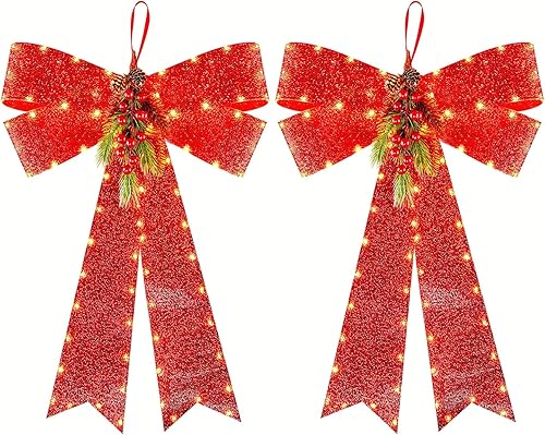 Brightown Lazo para la decoración del árbol de Navidad, lazo de Navidad de 24 pulgadas, 87 LED con temporizador, luz de lazo de Navidad con bayas