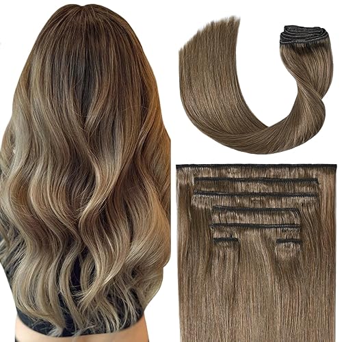 UGOTRAYS Extensiones de cabello humano real con pinzas, color castaño ceniza, 2.47 onzas, extensiones de cabello humano Remy con clip, 12 pulgadas,