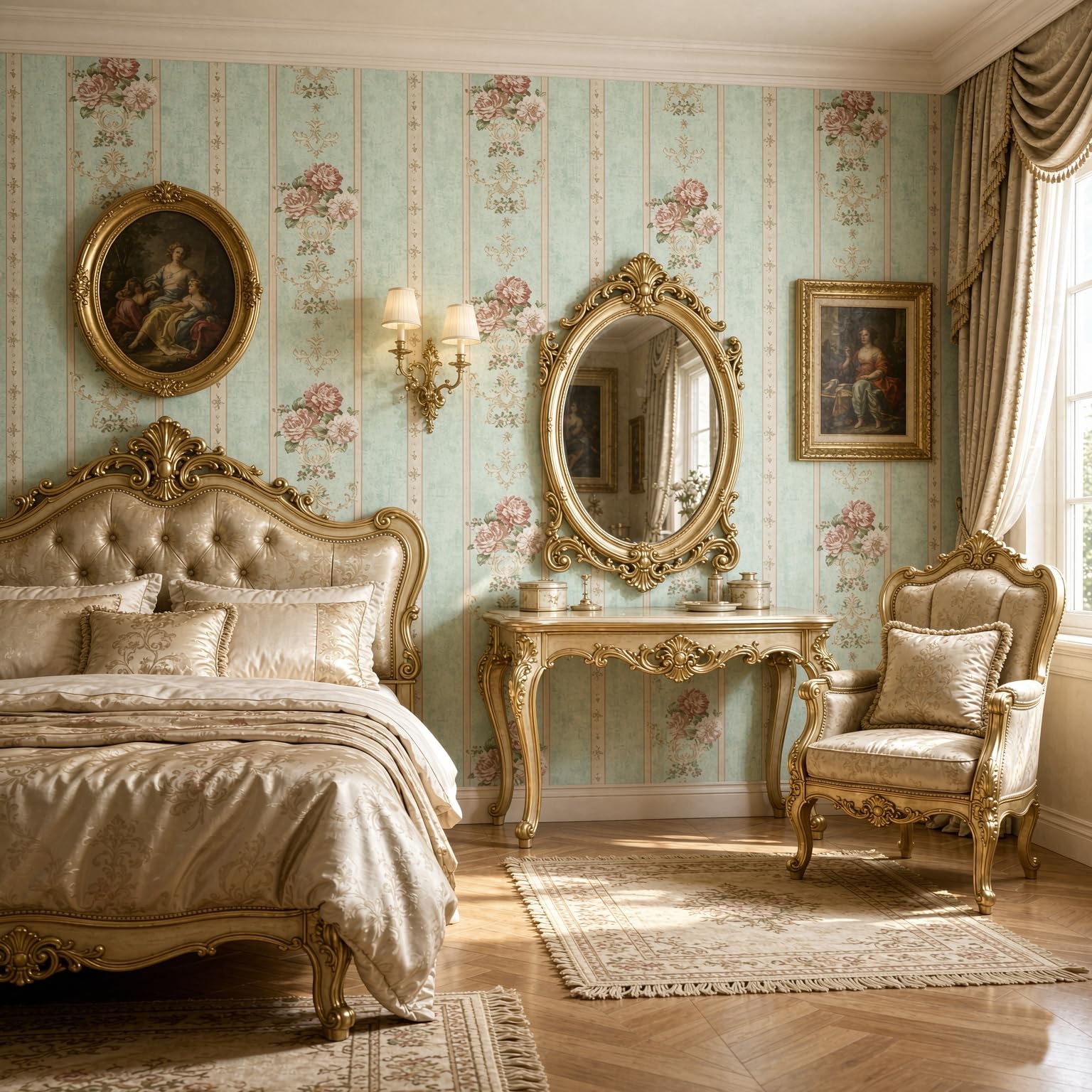 Prior.choice 10X0.53M AB Vintage Luxury Country Floral Stripes 5 Colors Embossed Textured Non-Woven Wallpaper Roll for Bedroom Livingroom 1.73' W x 32.8' L=5.3㎡ (57sq.ft) (Aqua B Stripes)
