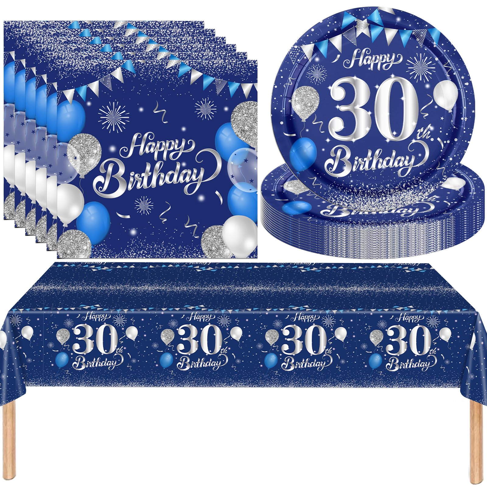 MOMAHUA 37 Stück Blau Silber Partygeschirr Set, 30. Geburtstag Party Geschirr Pappteller, Tischdeko Geburtstag Mädchen Junge mit Tischdecken Pappteller Servietten Pappgeschirr für Geburtstagsdeko 30th
