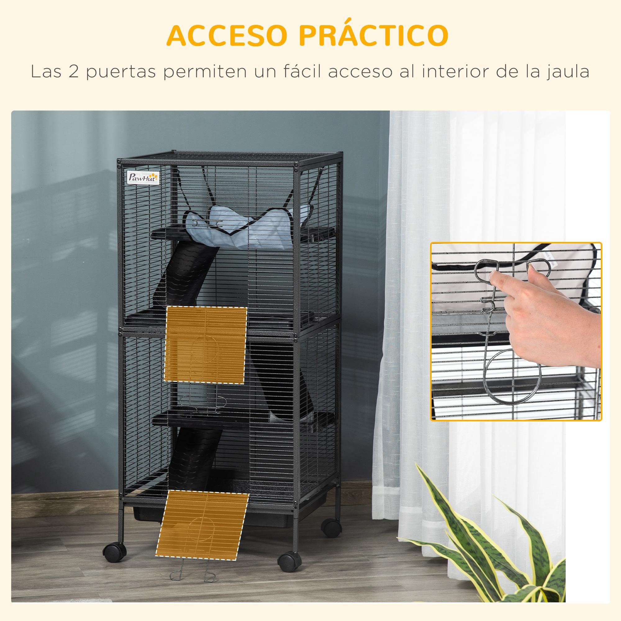 PawHut Jaula para Animales Pequeños de 4 Niveles Jaula para Roedores con Ruedas 2 Puertas 3 Rampas Hamaca Colgante y Bandeja Extraíble para Chinchillas 52x52x113,5 cm Gris Plateado