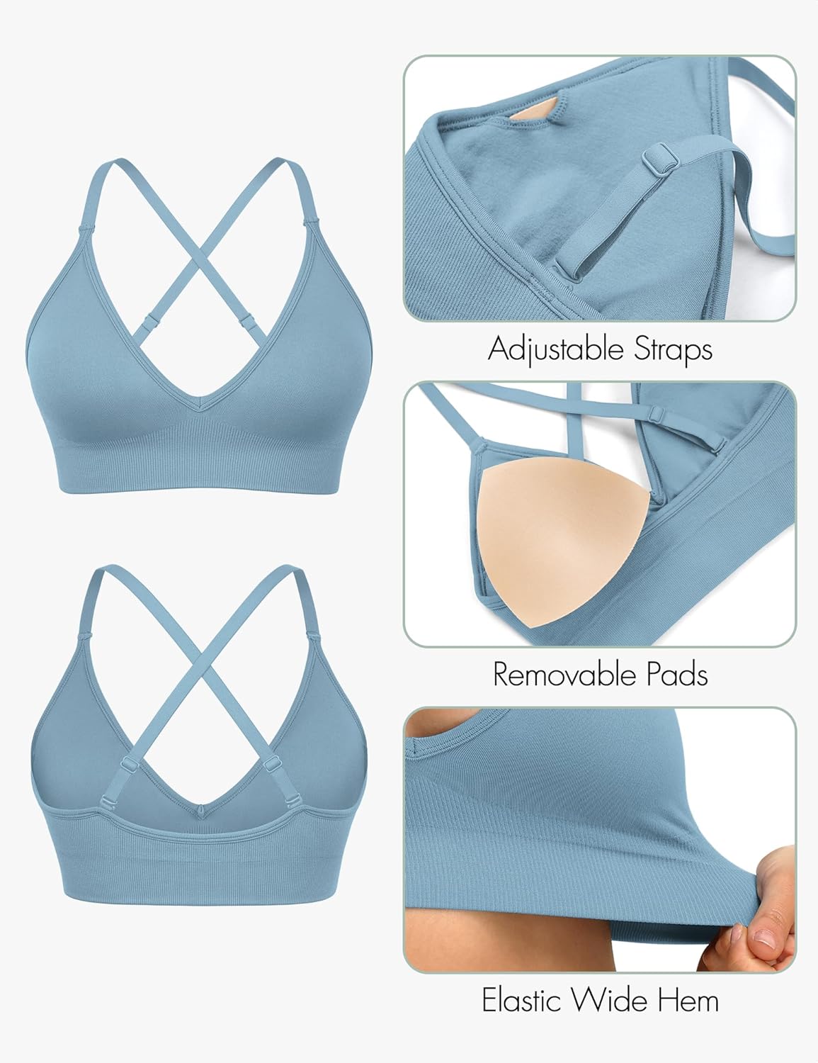 WANAYOU Sports Bras for Women, Deep V Neck Adjustable Spaghetti Strap Criss Cross Back Sports Bra Padded Gym Bralettes 3 Pack - Image 6