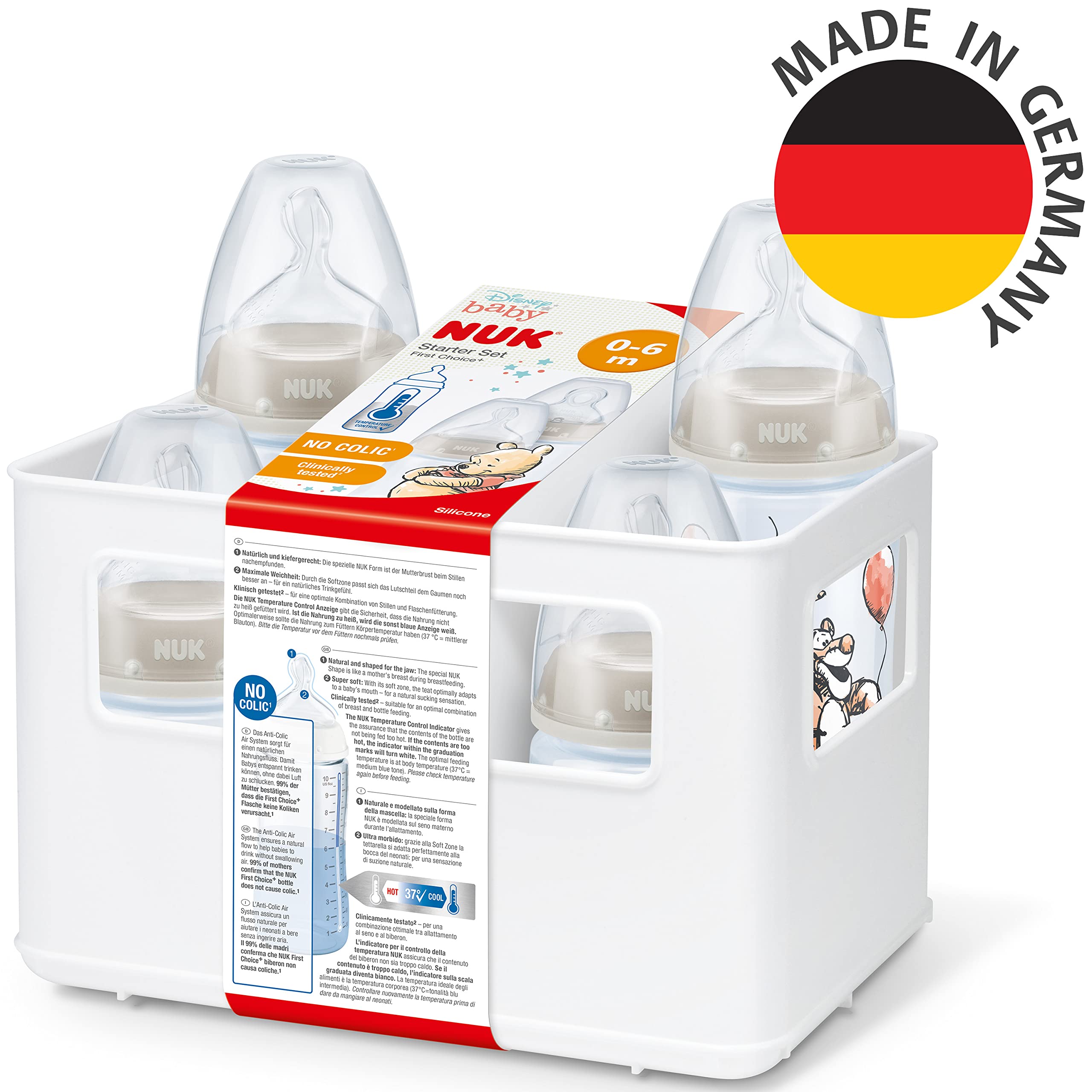 NUK First Choice+ biberon Starter Set | 0-6 mesi | 4 bottiglie con controllo della temperatura e scatola porta-biberon | Valvola anti-coliche | Senza BPA | Disney Winnie the Pooh | 5 pezzi