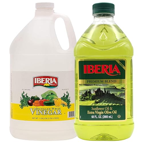 Iberia Vinagre blanco destilado natural, 1 galón, 5% de acidez + mezcla Iberia Premium, aceite de girasol y aceite de oliva virgen extra, 68 onzas