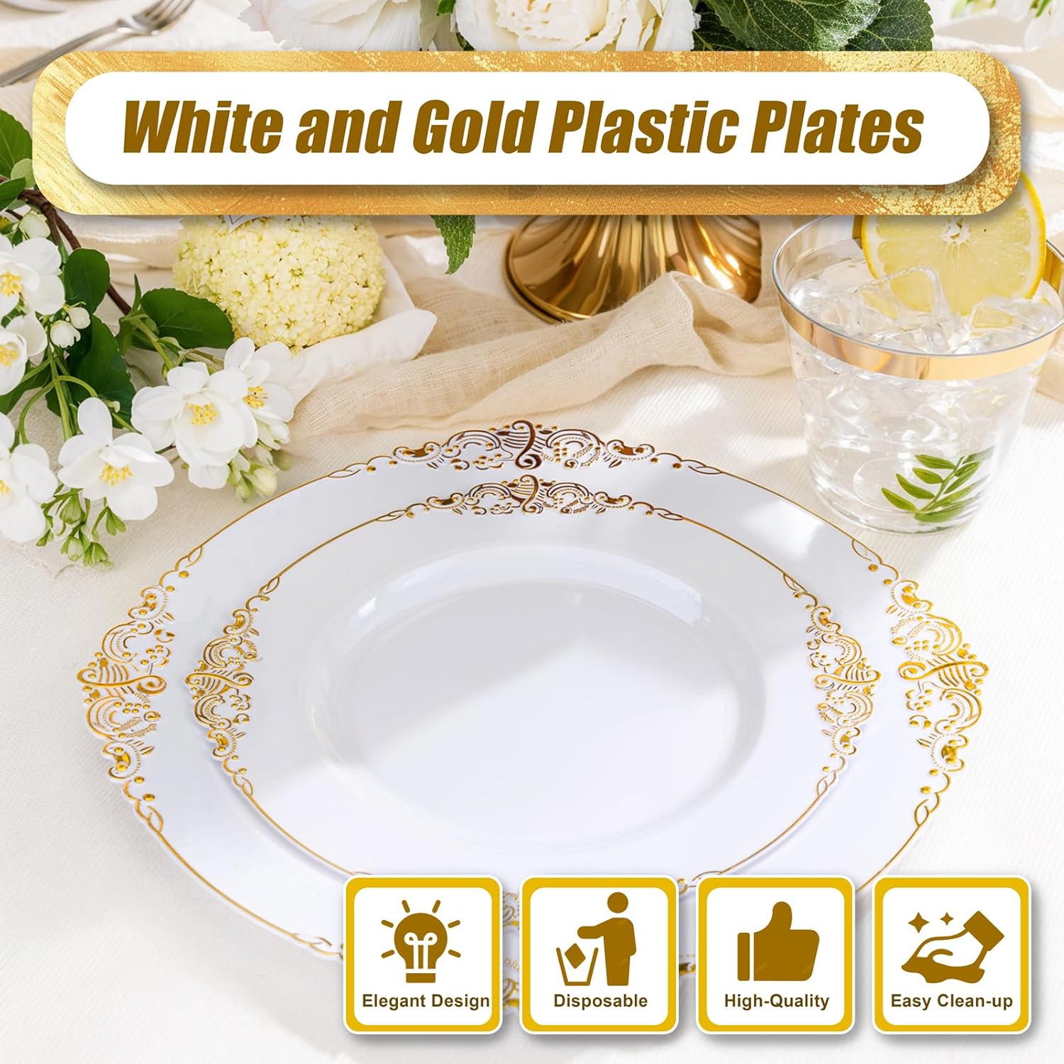 Hioasis 300pcs White and Gold Plastic Plates - Disposable Dinnerware Set Suitable for 50 Guests Include 10.25" Dinner & 7.5" Dessert Plates,Silverware Set, Cups for Wedding(NO Napkins Included) - Image 5