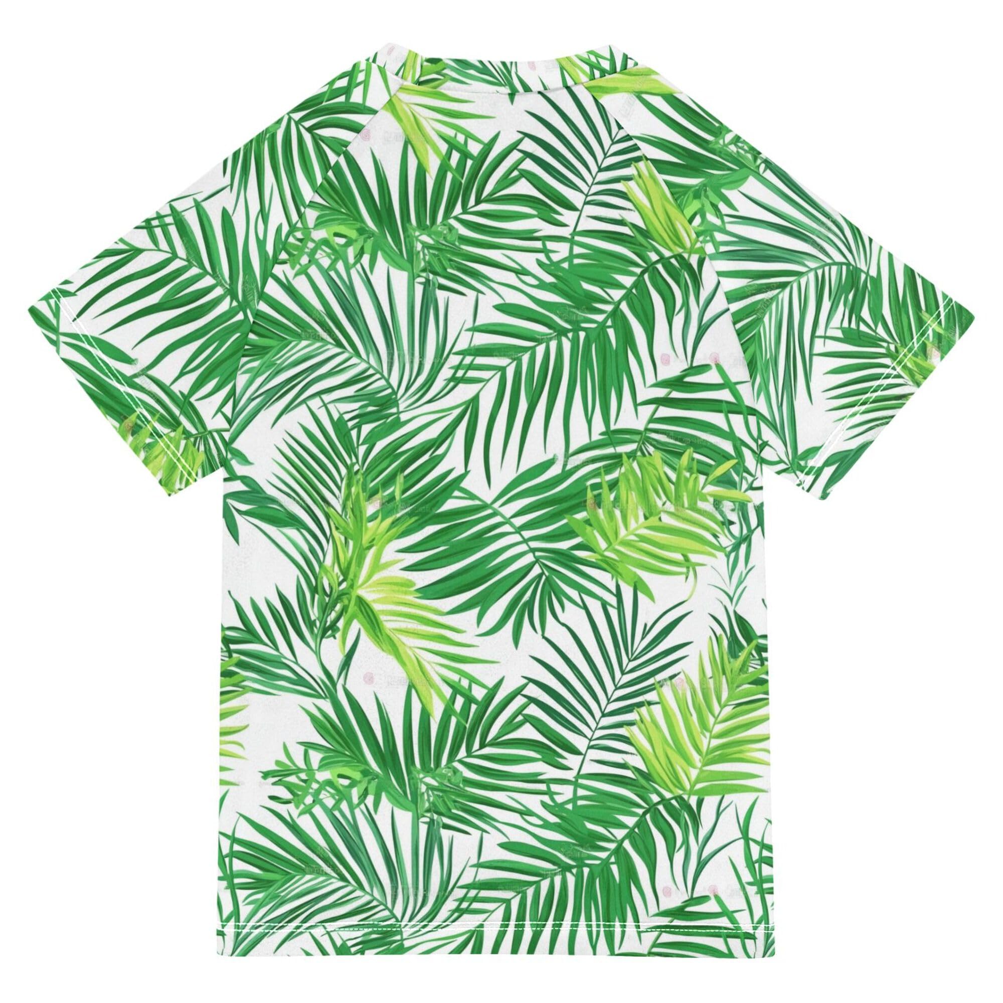 Green Palm Leaf Girls Bathing Suit Sun Protection Rash Guard Swimsuit Swimwears Football Shirt for Youth Boys 11-12Y